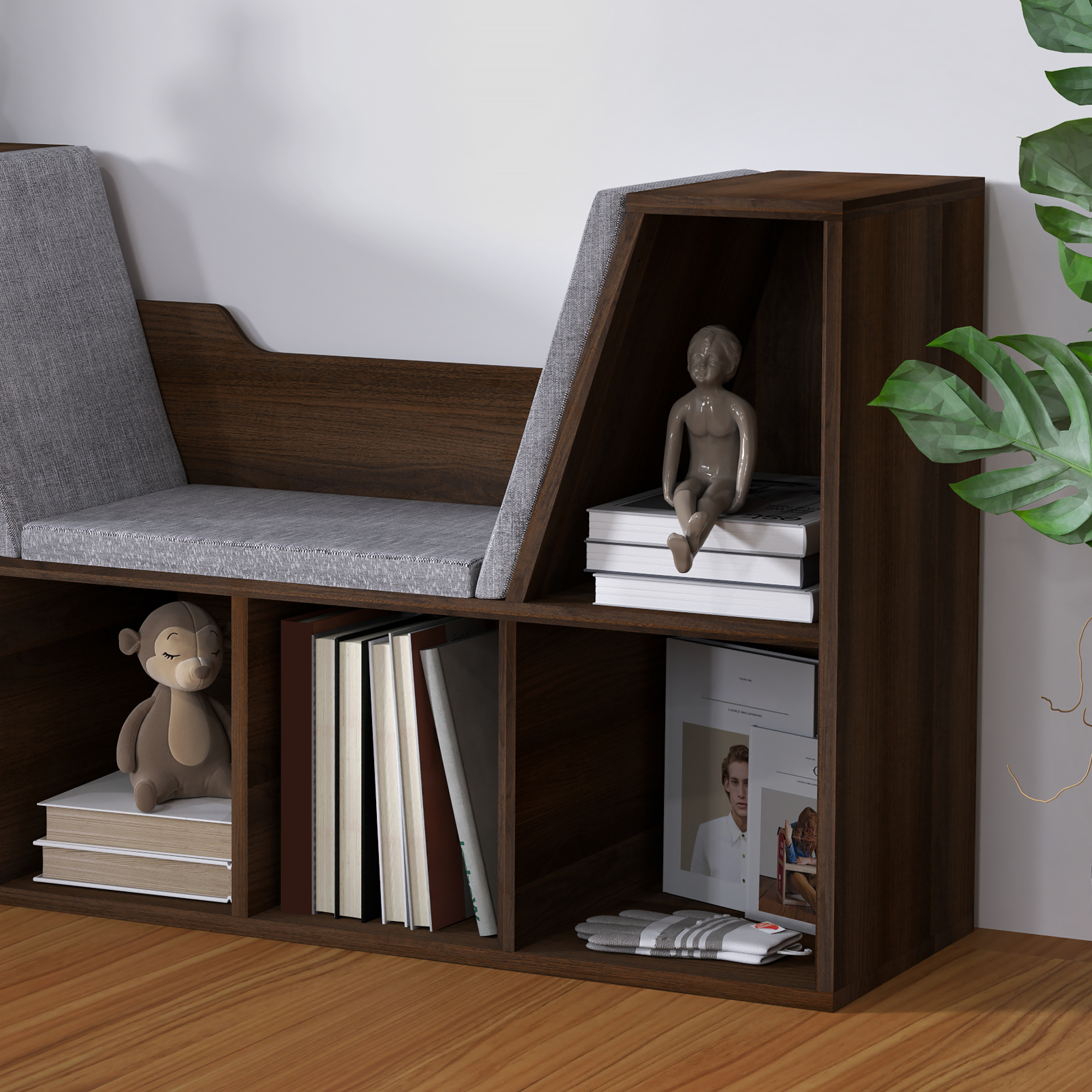 HOMCOM Bookcase Storage Shelf with Cushioned Reading Seat, Cube Bookshelf Organizer for Bedroom Living Room, Chestnut 9