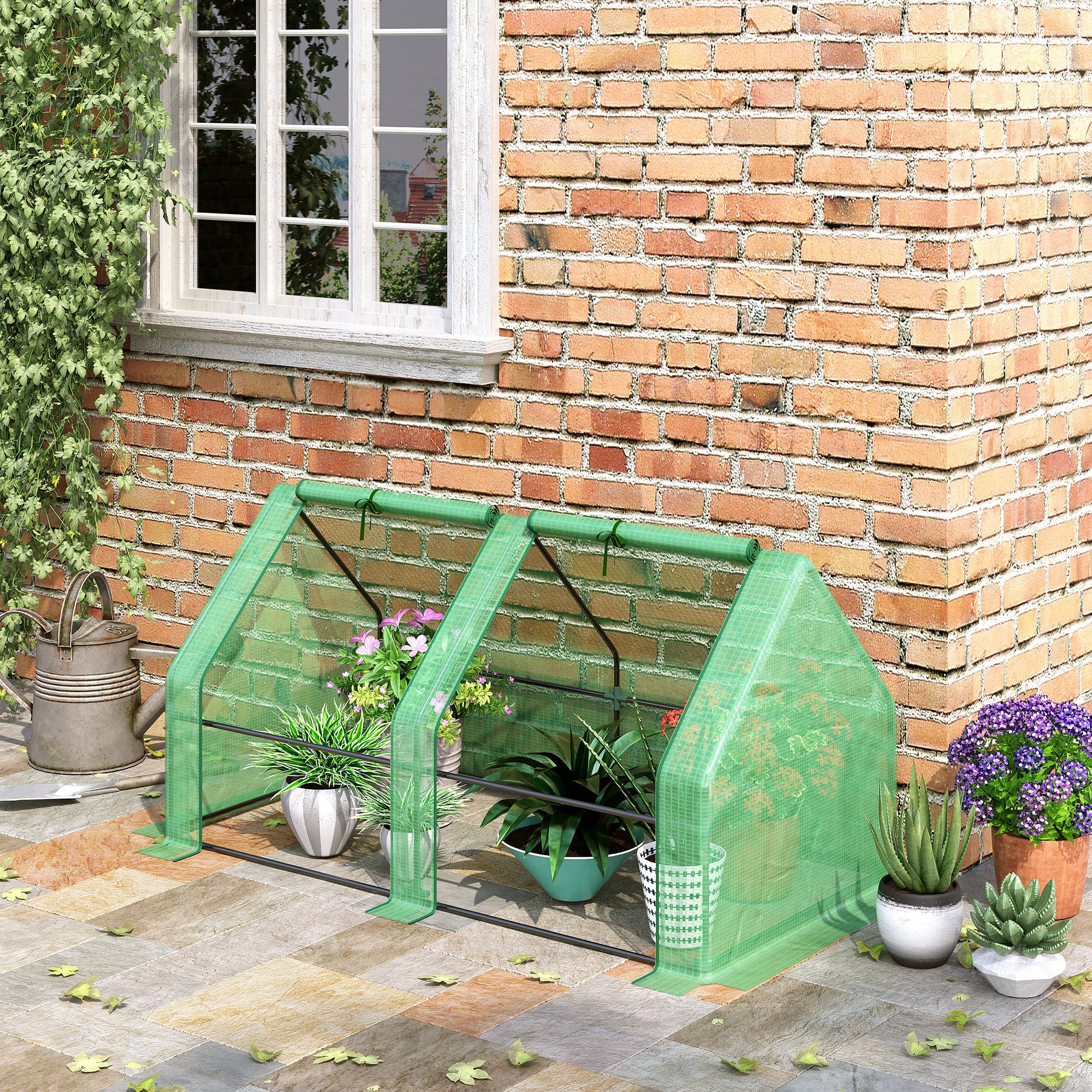Outsunny Mini Small Greenhouse with Steel Frame & PE Cover & Zippered Window Poly tunnel Steeple for Plants Vegetables, 180 x 90 x 90 cm, Green 2
