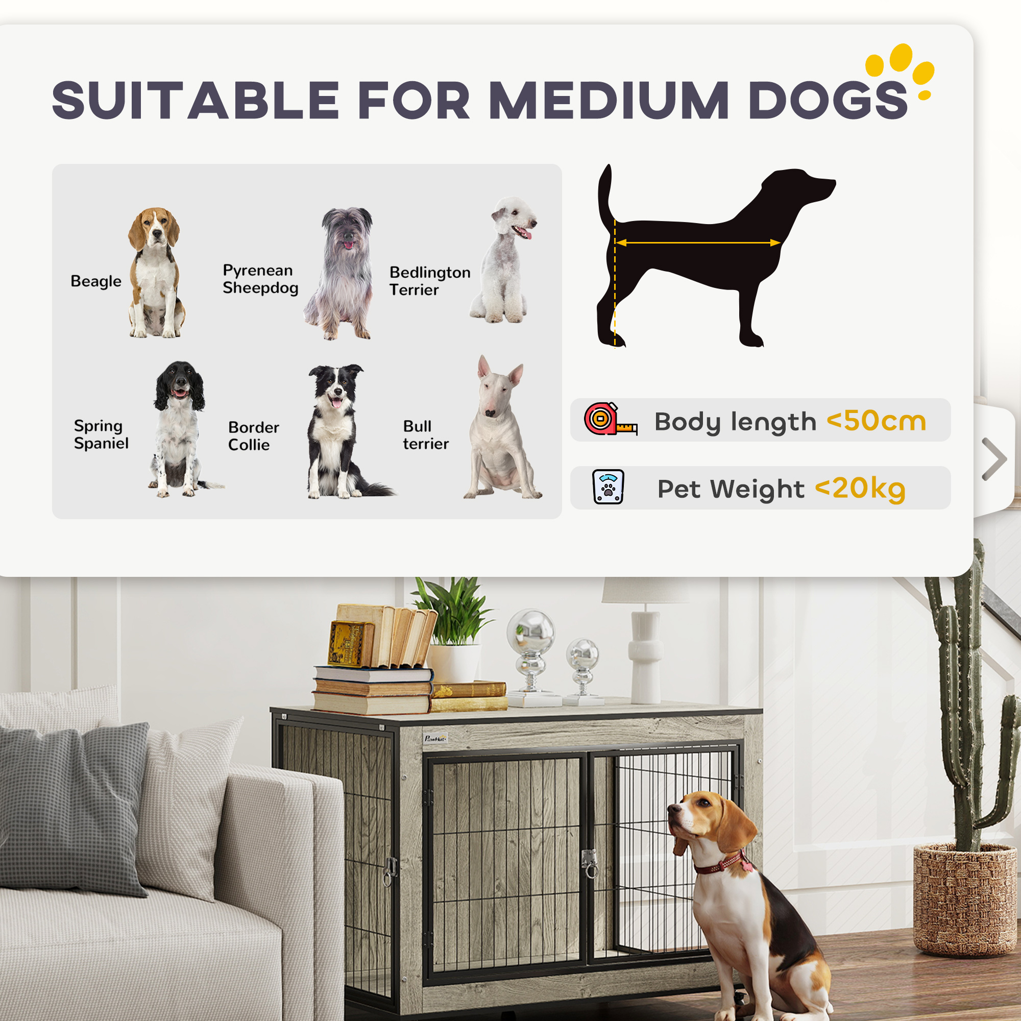 PawHut Dog Crate Furniture with Wheels, Double Doors, for Medium Dogs, Grey 8