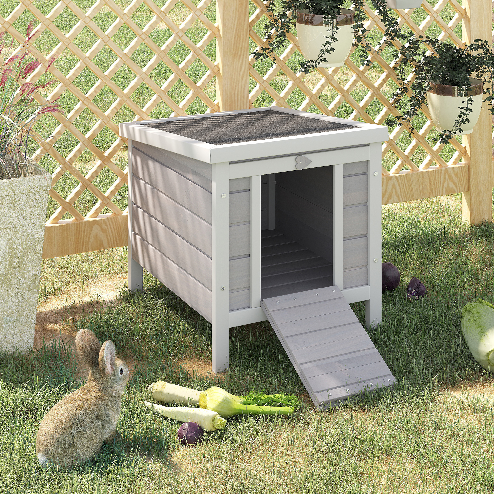 PawHut Rabbits Indoor Fir Wood Lift-Top Hutch Guinea Pigs Hutches-Grey and White
