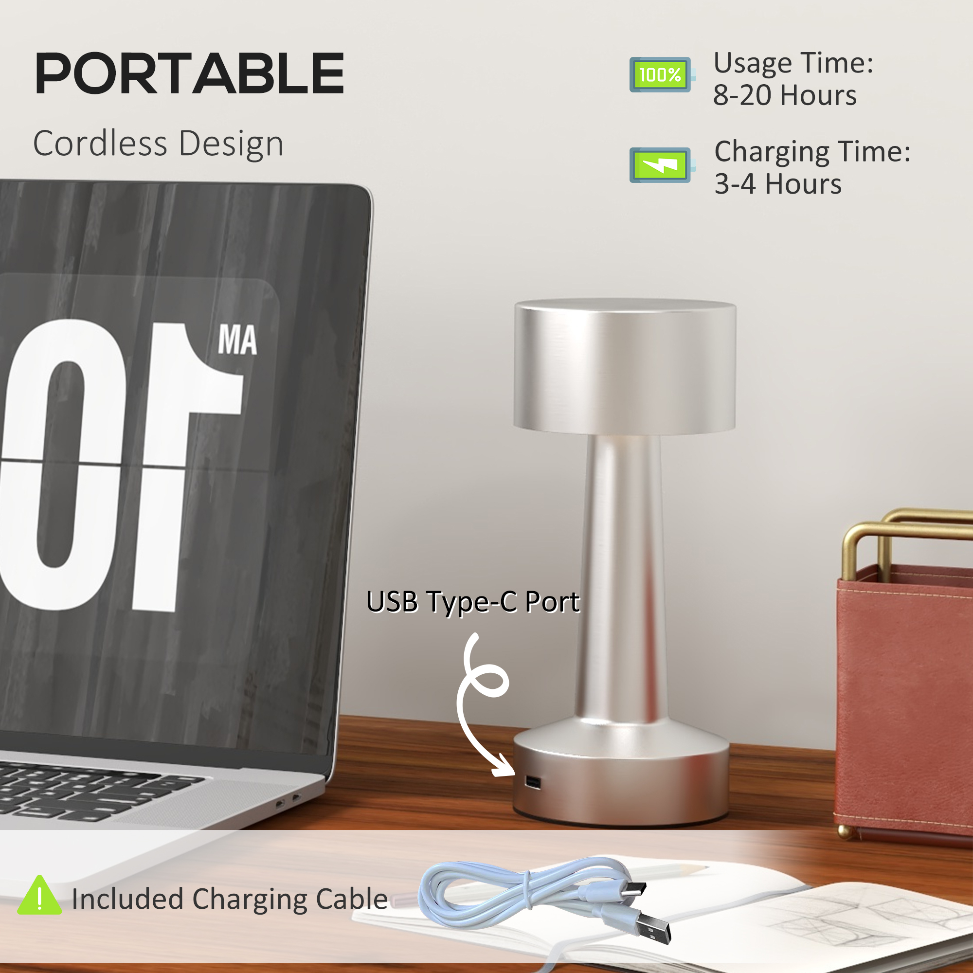 HOMCOM Cordless Table Lamp, Touch LED Desk Lamp with Rechargeable Battery, 3 Colour, for Bedroom Living Room, Silver 4