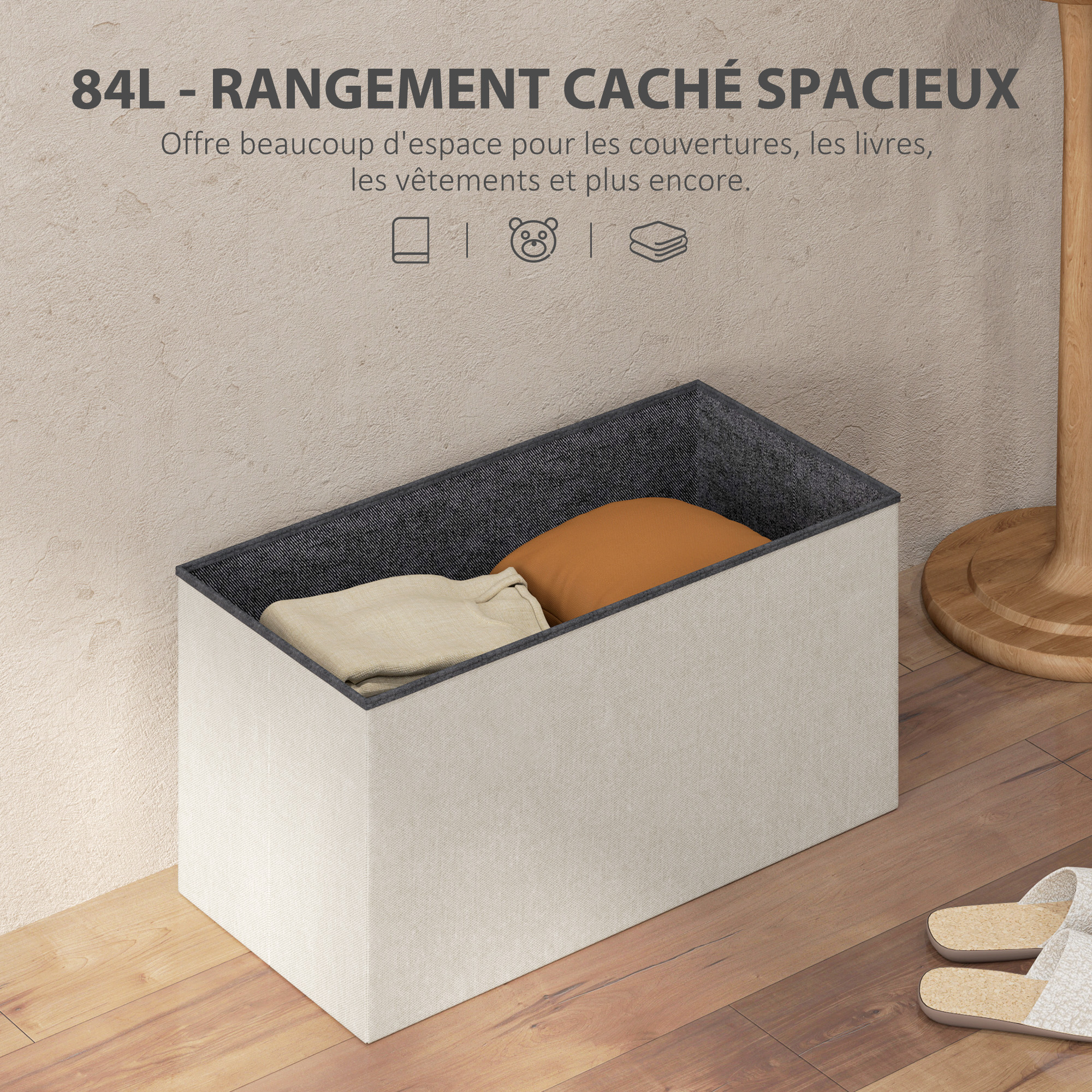HOMCOM Banc de Rangement, Bout de lit, Pliable, 76 x 38 x 38 cm, Volume 67 L, capacité de Charge 120 kg, avec Couvercle, pour Chambre, Couloir, Salon, crème