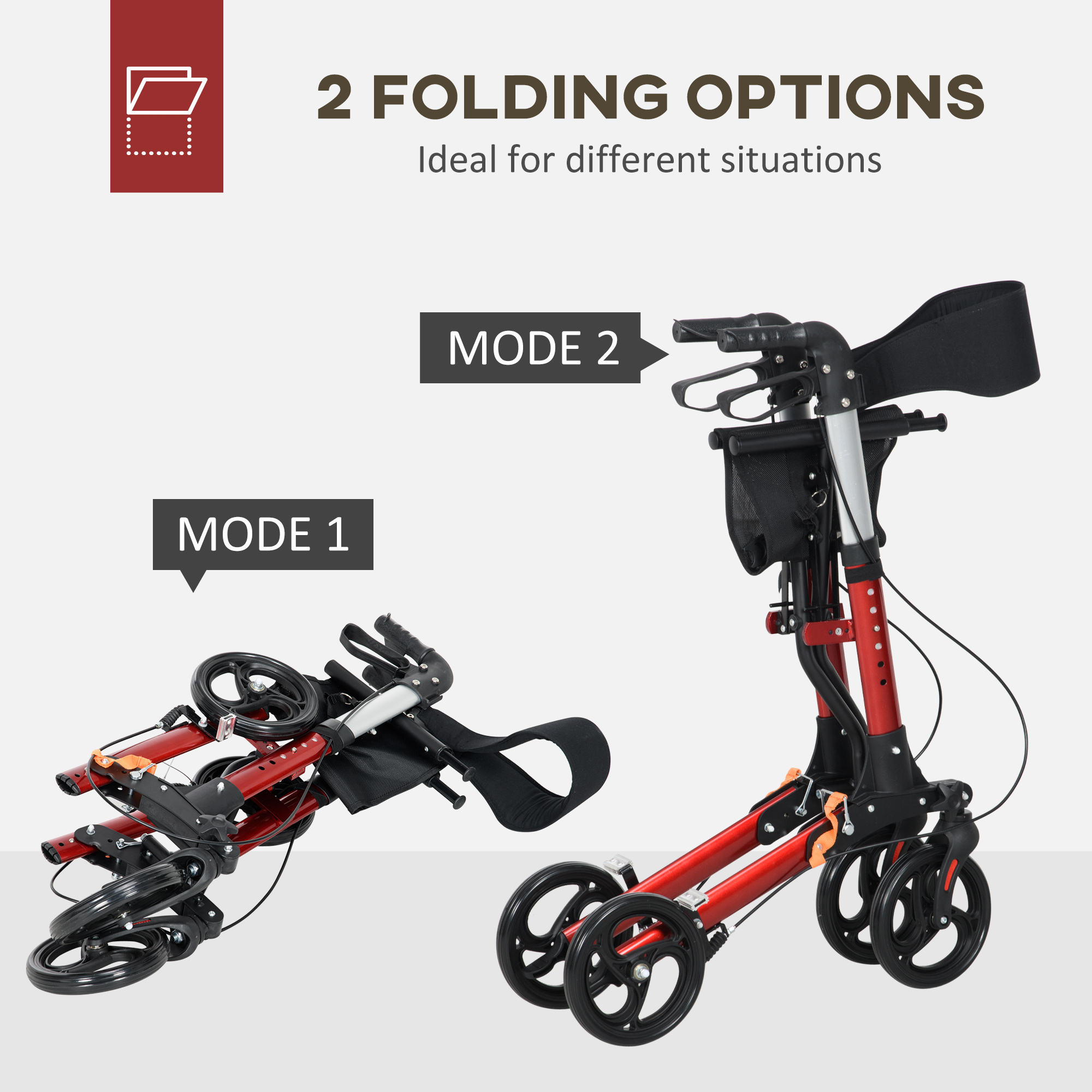 HOMCOM Folding Rollator Walker with Seat and Backrest, Lightweight Walking Frame with Detachable Storage Bag, Dual Brakes, Adjustable Handle Height, 4 Wheeled Walker for Seniors, Handicapped, Red 7