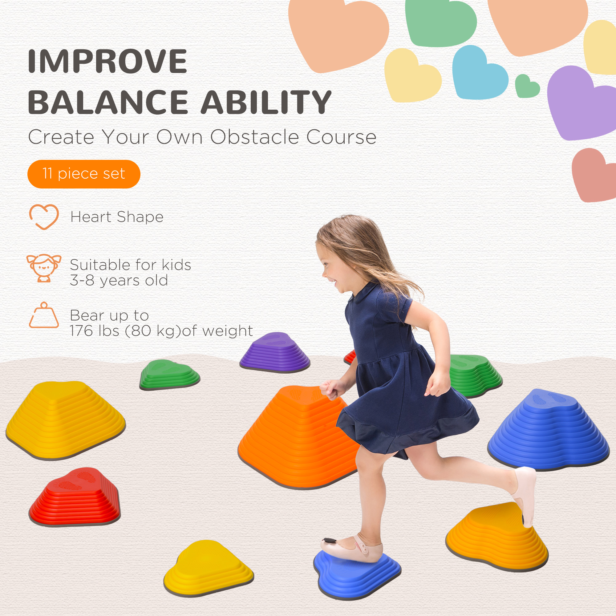 AIYAPLAY 11-Piece Heart-Shaped Kids Balance Stepping Stones and Motor Skills, Multicoloured 4