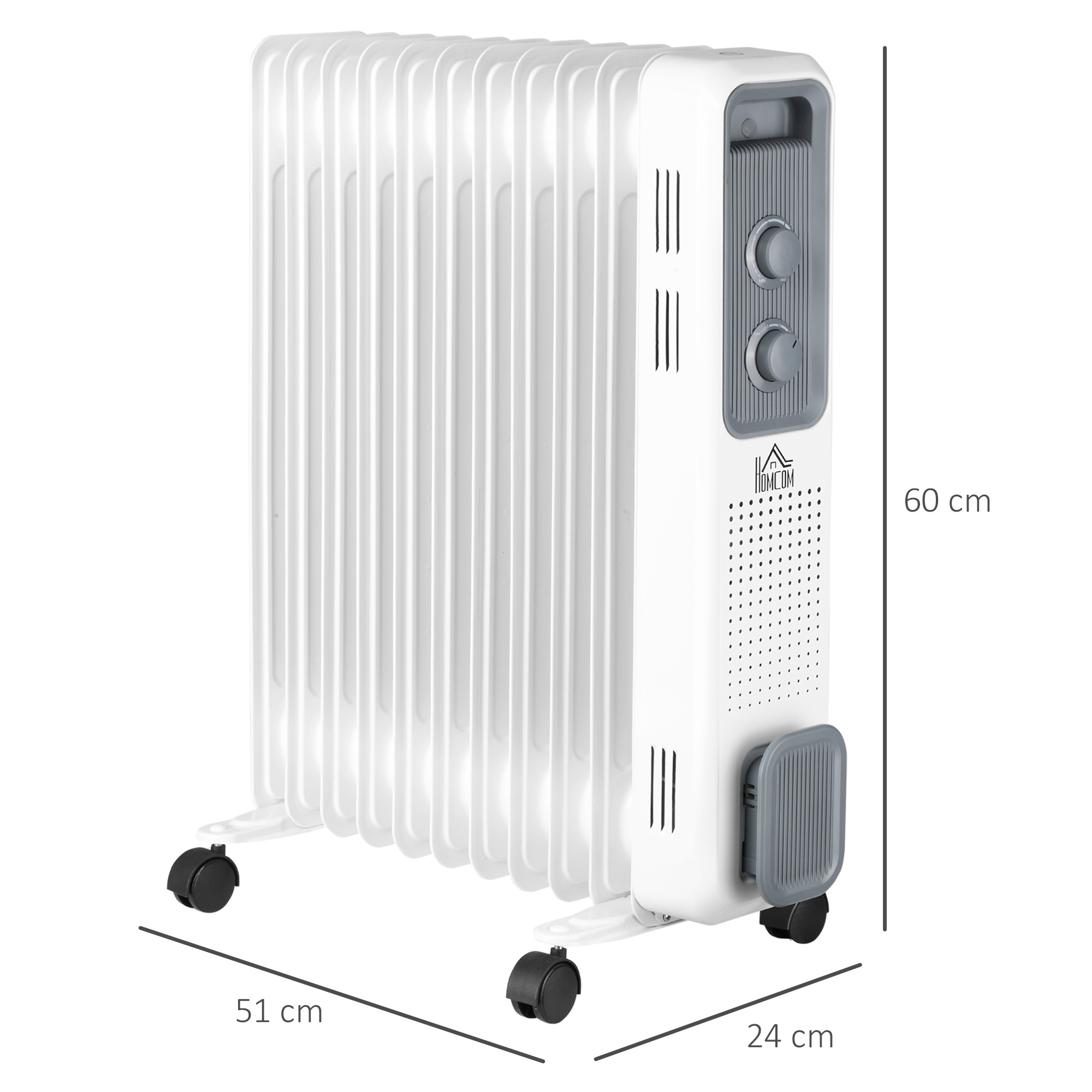HOMCOM 2500W Oil Filled Radiator, 11 Fin, Portable Electric Heater with 3 Heat Settings, Safety Cut-Off and Wheels, White 3