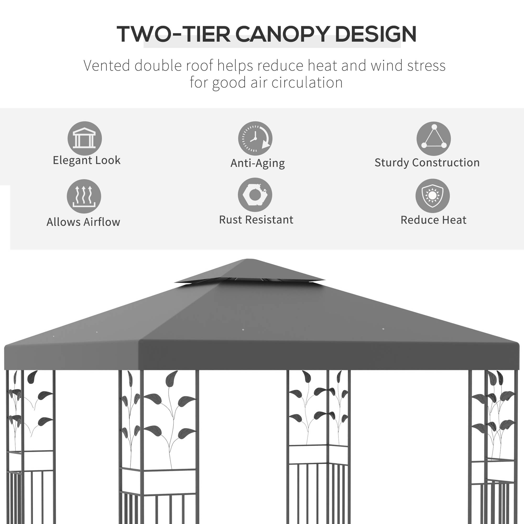 Outsunny 3 x 3m Outdoor Steel Gazebo with 2 Tier Roof, Garden Gazebo Patio Canopy Marquee Shelter with Decorative Steel Frame Grey 5