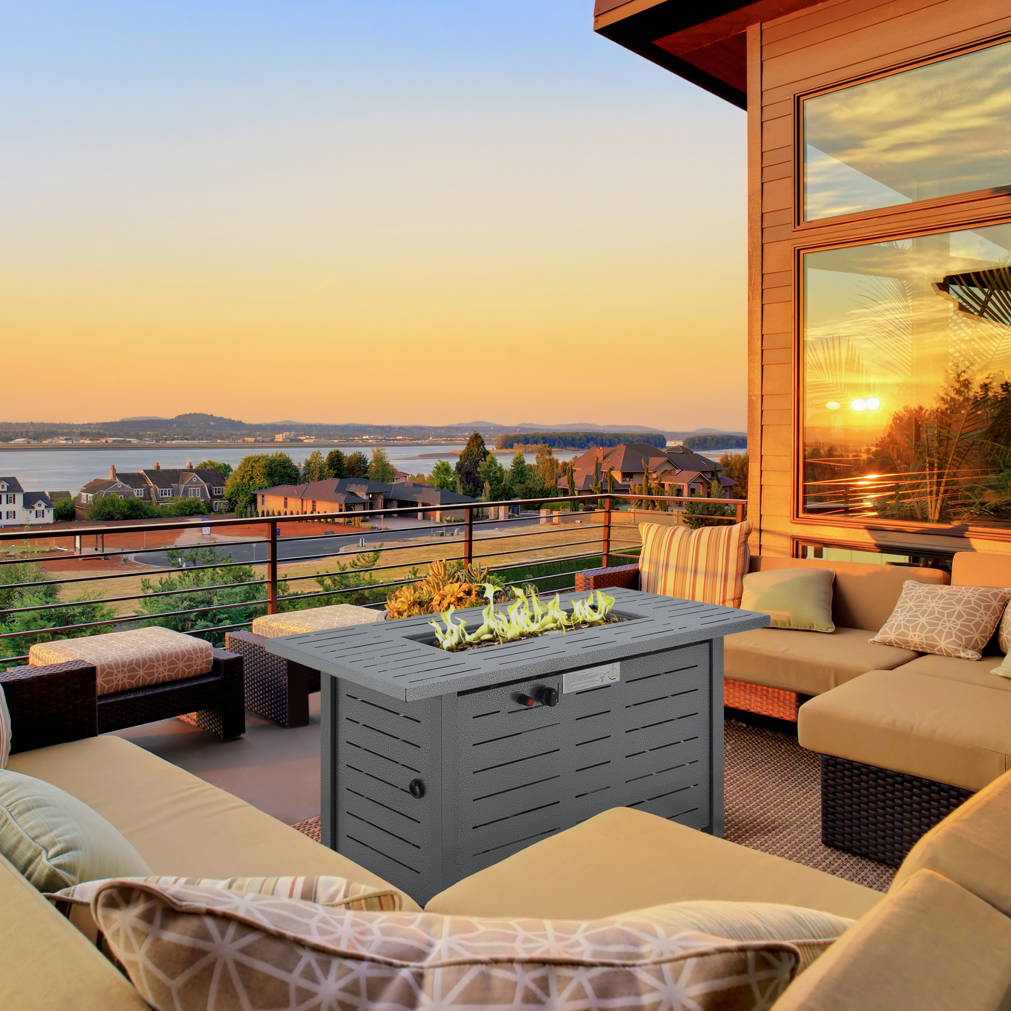 Outsunny Propane Gas Fire Pit Table, 50000BTU Smokeless Firepit Outdoor Patio Heater with Protective Cover, Lava Rocks and Lid, 107cm x 51cm x 63cm, Silver Grey 2