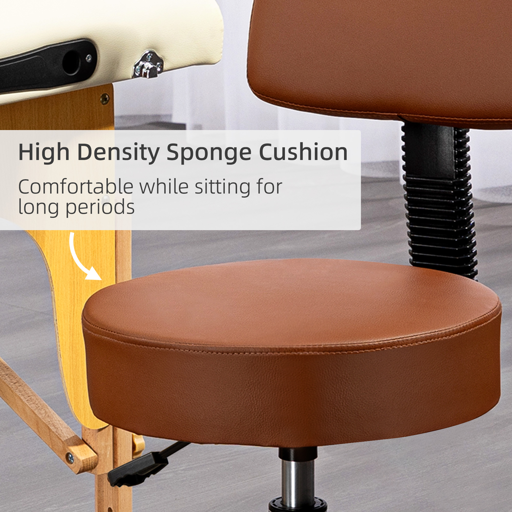 HOMCOM Beautician's Swivel Salon Chair w/ Padded Seat Back 5 Wheels Adjustable Height Salon Hairdressers Tattoo Spa Rolling Cushion Professional 48cm Brown 5