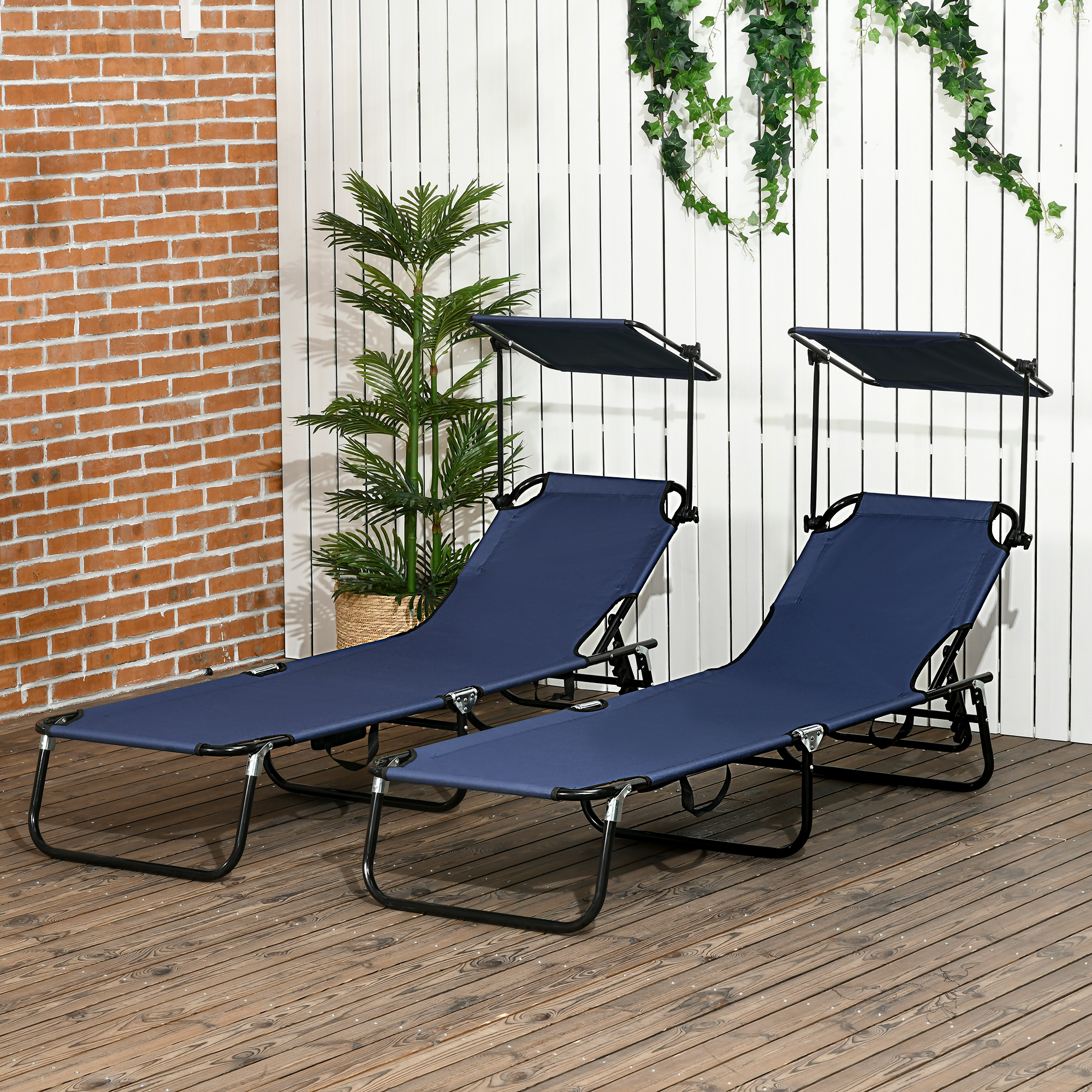 Outsunny Set of Two Folding Sun Loungers, with Adjustable Backs and Sun Canopies Dark Blue 2