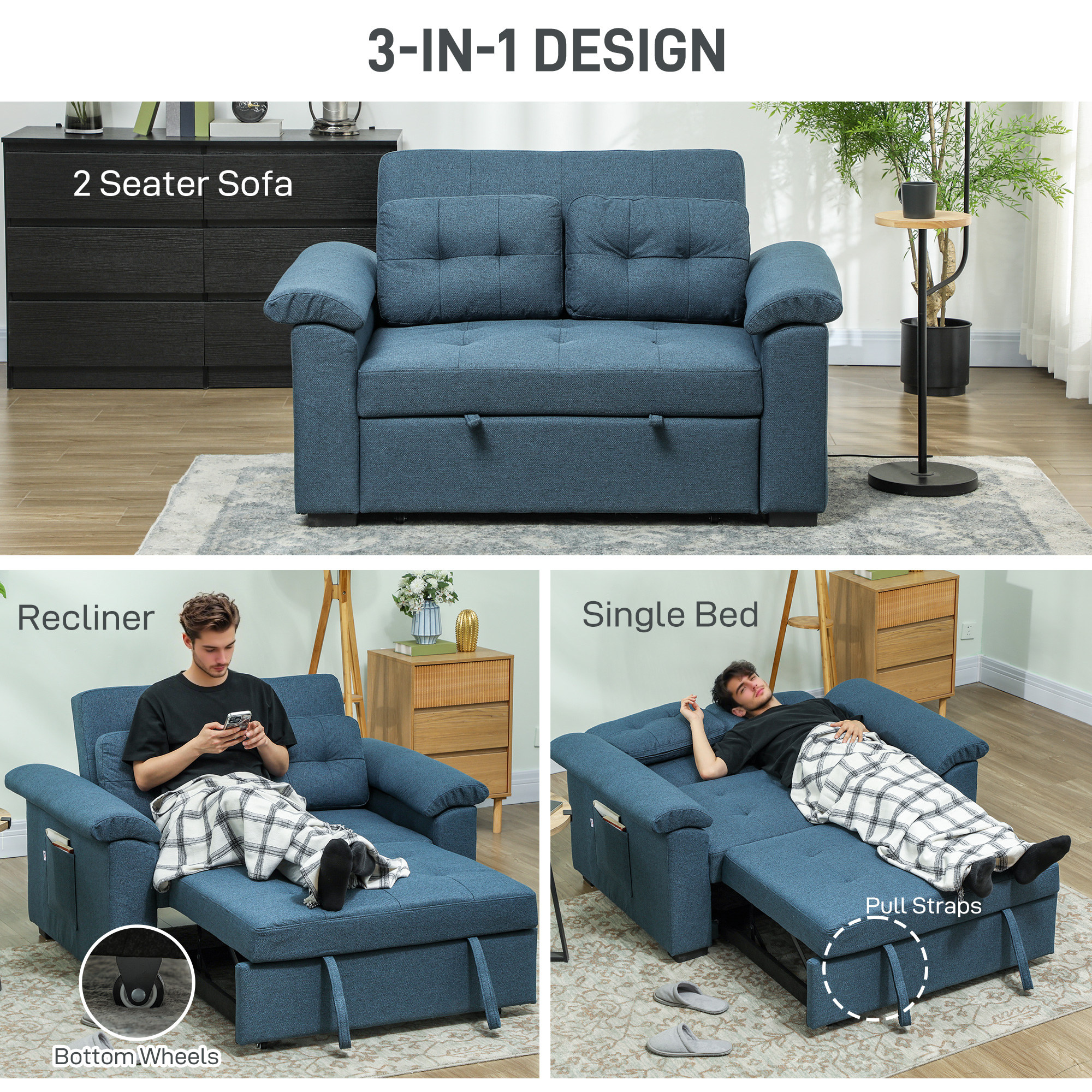 HOMCOM Pull Out Sofa Bed, Fabric 2 Seater Click Clack Sofa Bed Settee with 2 Pocket Springs, Convertible Sofa Couch with Pillows and Side Pockets for Living Room, Home Office, Blue 4