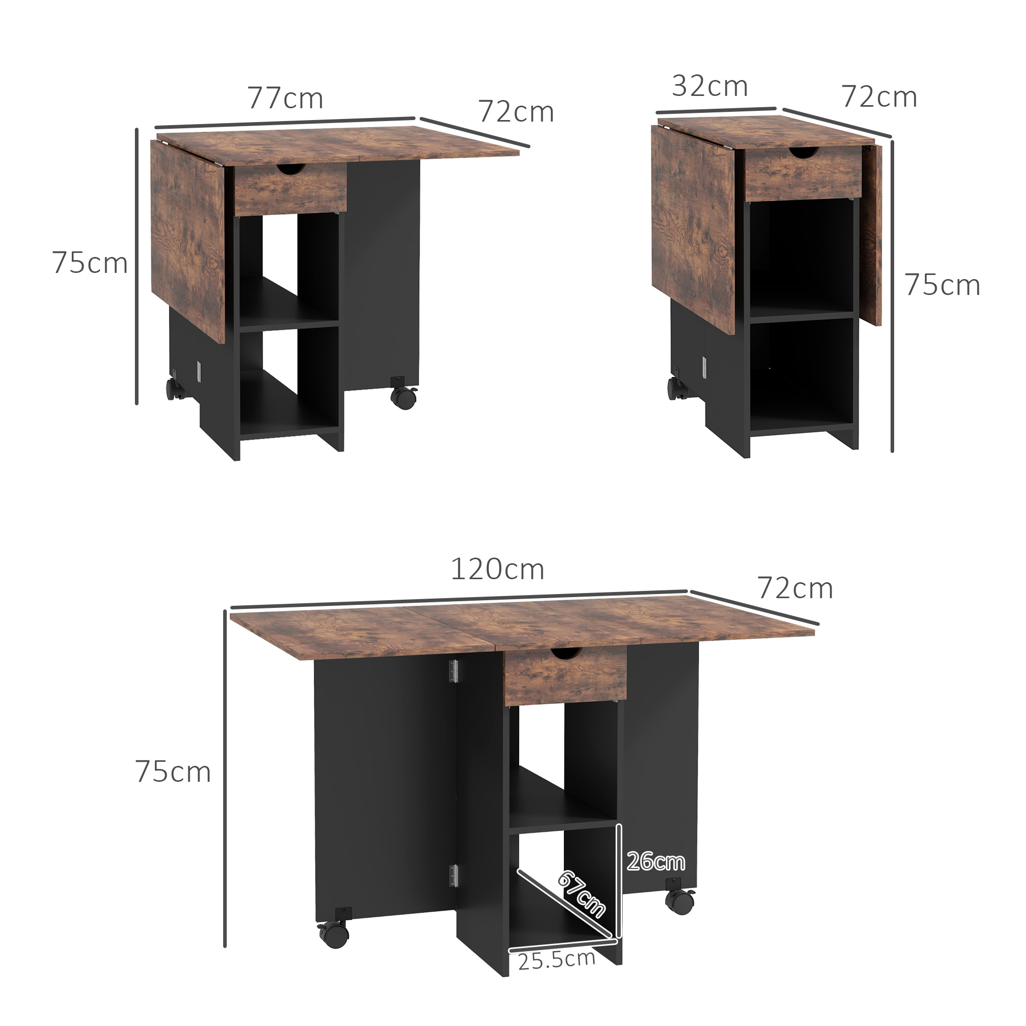 HOMCOM Folding Dining Table, Drop Leaf Table for Small Spaces, Foldable Table with Drawer and Storage Shelves for Kitchen, Dining Room, Rustic Brown 3