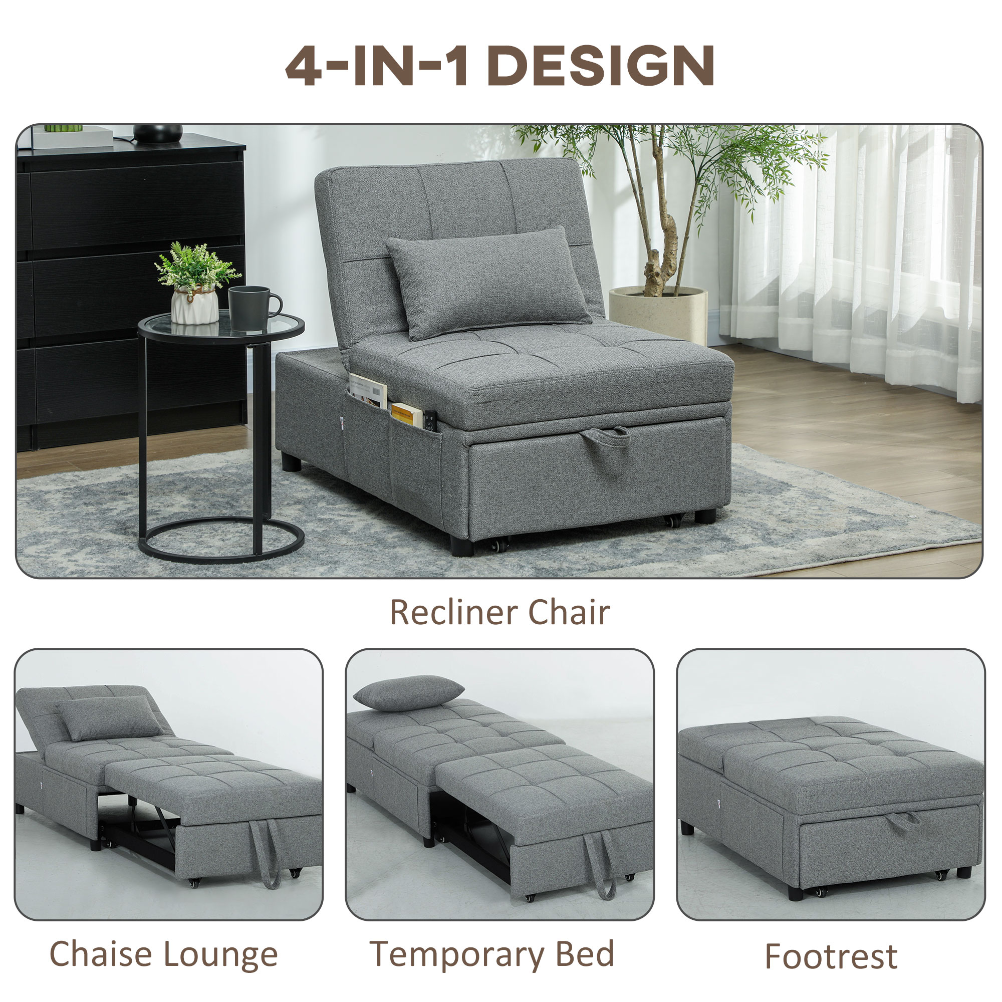 HOMCOM Four-In-One Single Sleeper Chair Dark Grey 5