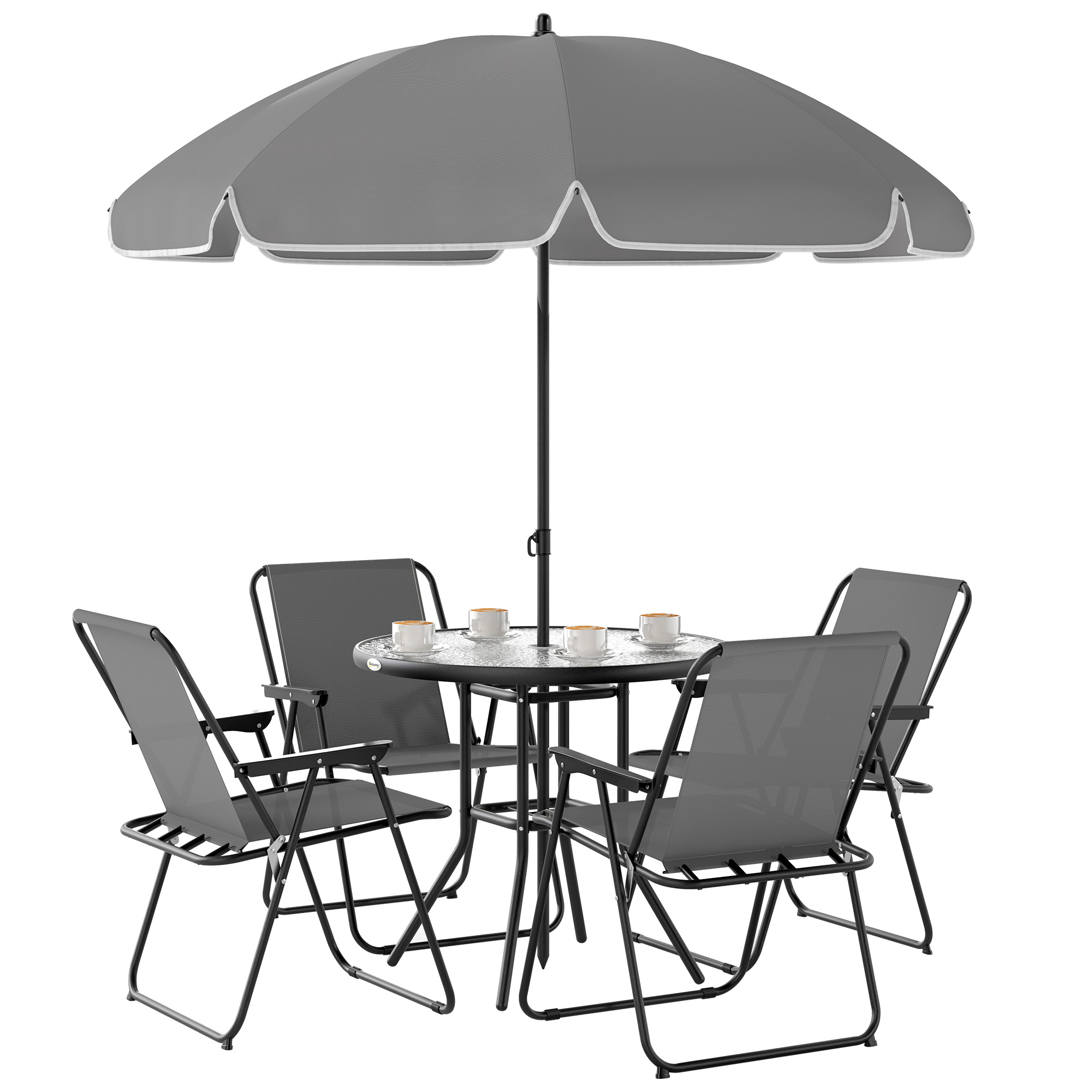 Outsunny Conjunto de Muebles de Jardín de 6 Piezas con Mesa Redonda Sillas Plegables y Sombrilla para Patio y Terraza Color Gris