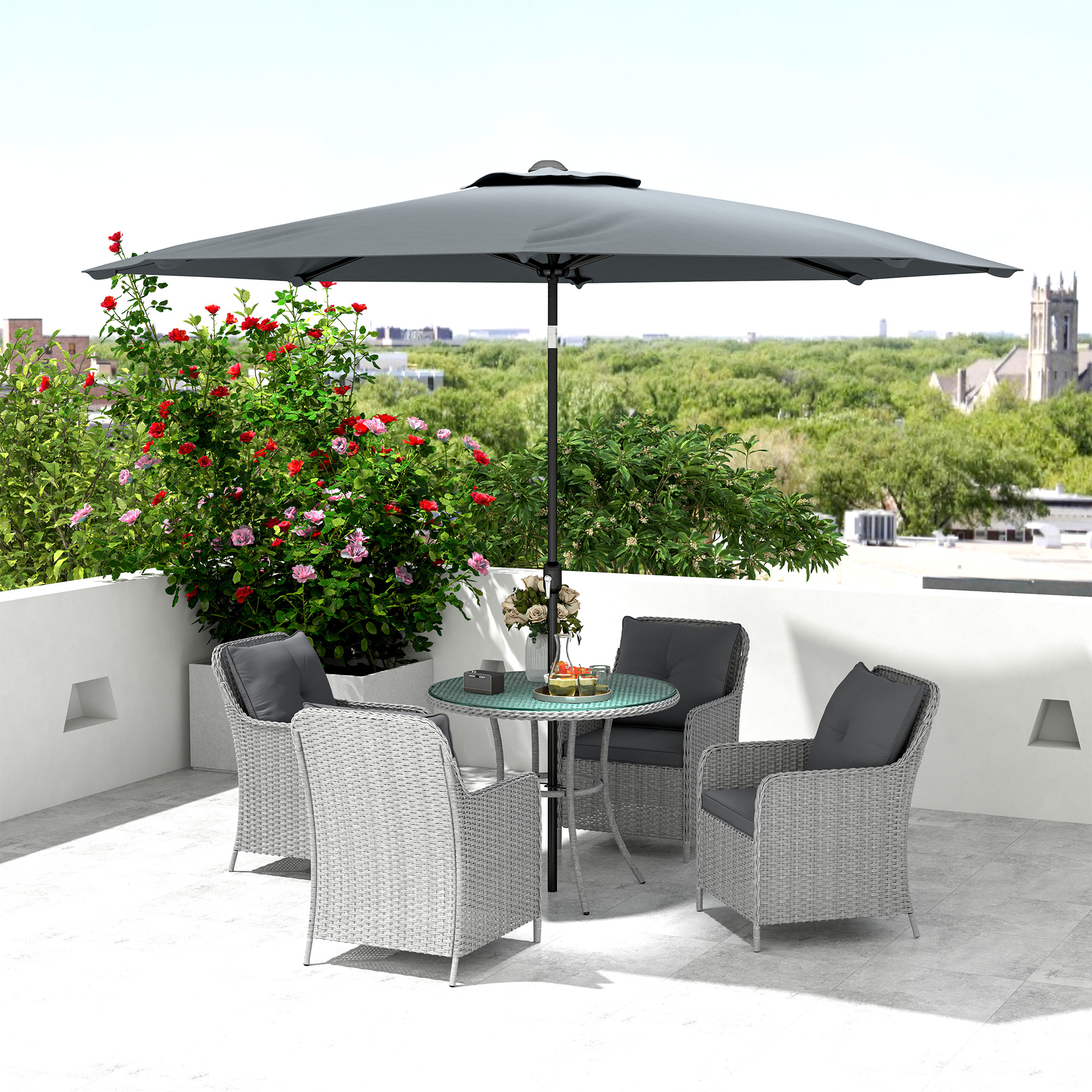 Outsunny 4 Seater Rattan Dining Set with Parasol & Cushions Light Grey 8