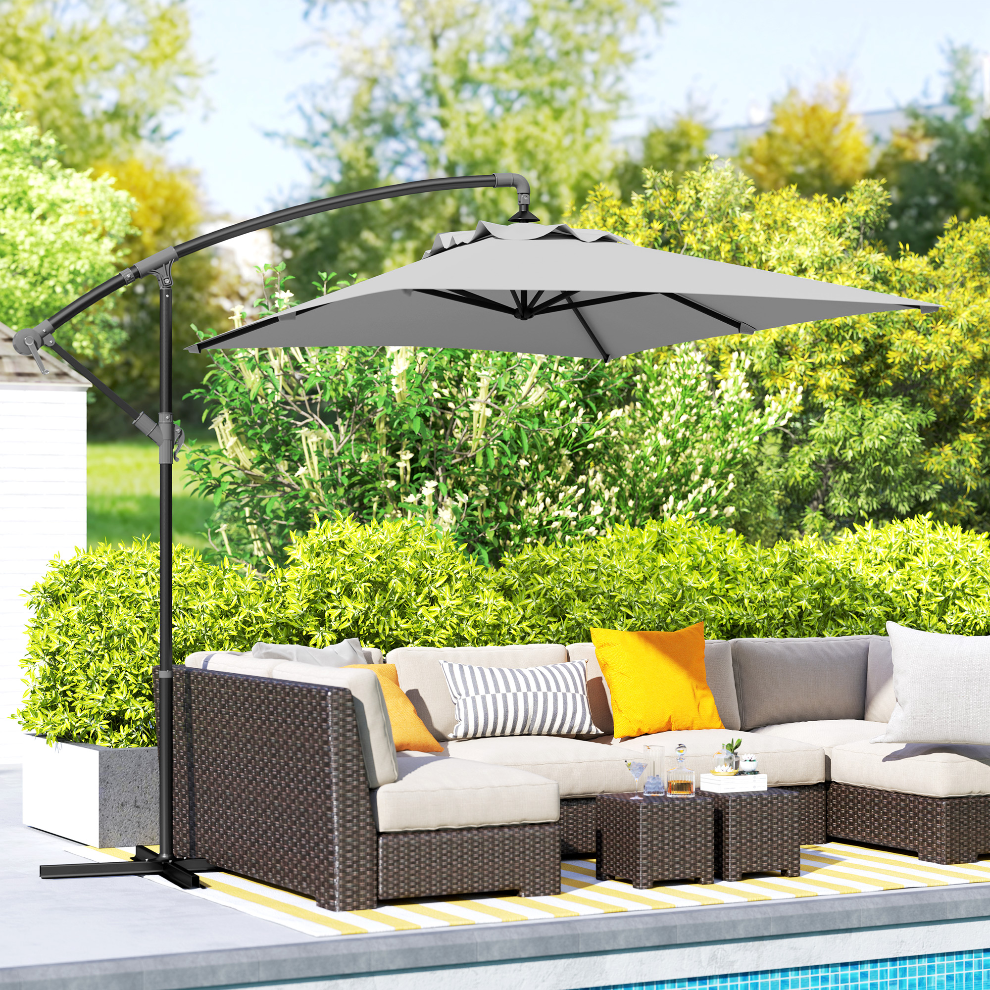 Outsunny 3(m) Cantilever Overhanging Parasol, with Cross Base Light Grey 2
