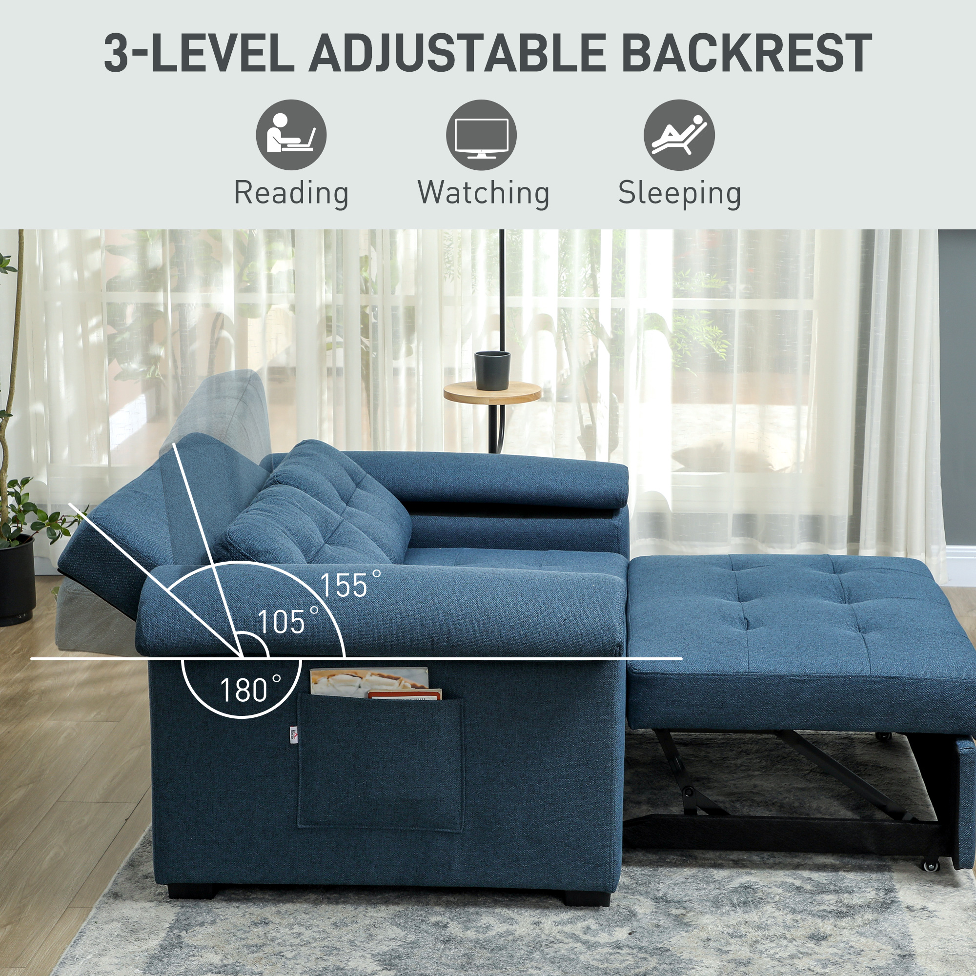 HOMCOM Pull Out Sofa Bed, Fabric 2 Seater Click Clack Sofa Bed Settee with 2 Pocket Springs, Convertible Sofa Couch with Pillows and Side Pockets for Living Room, Home Office, Blue 6