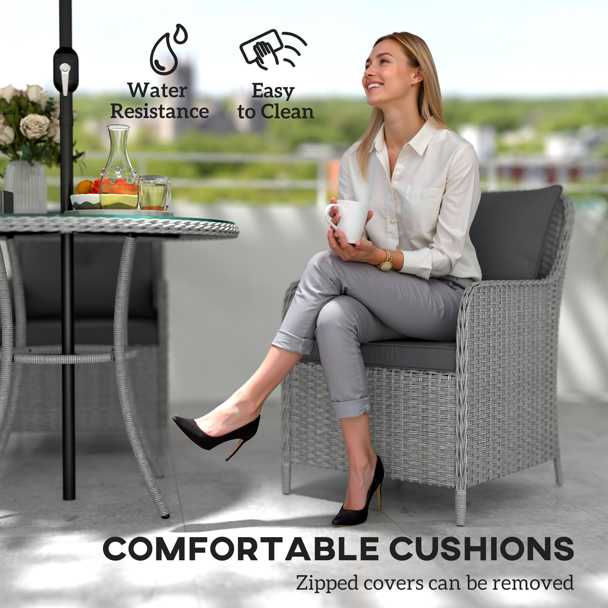 Outsunny 4 Seater Rattan Dining Set with Parasol & Cushions Light Grey 5