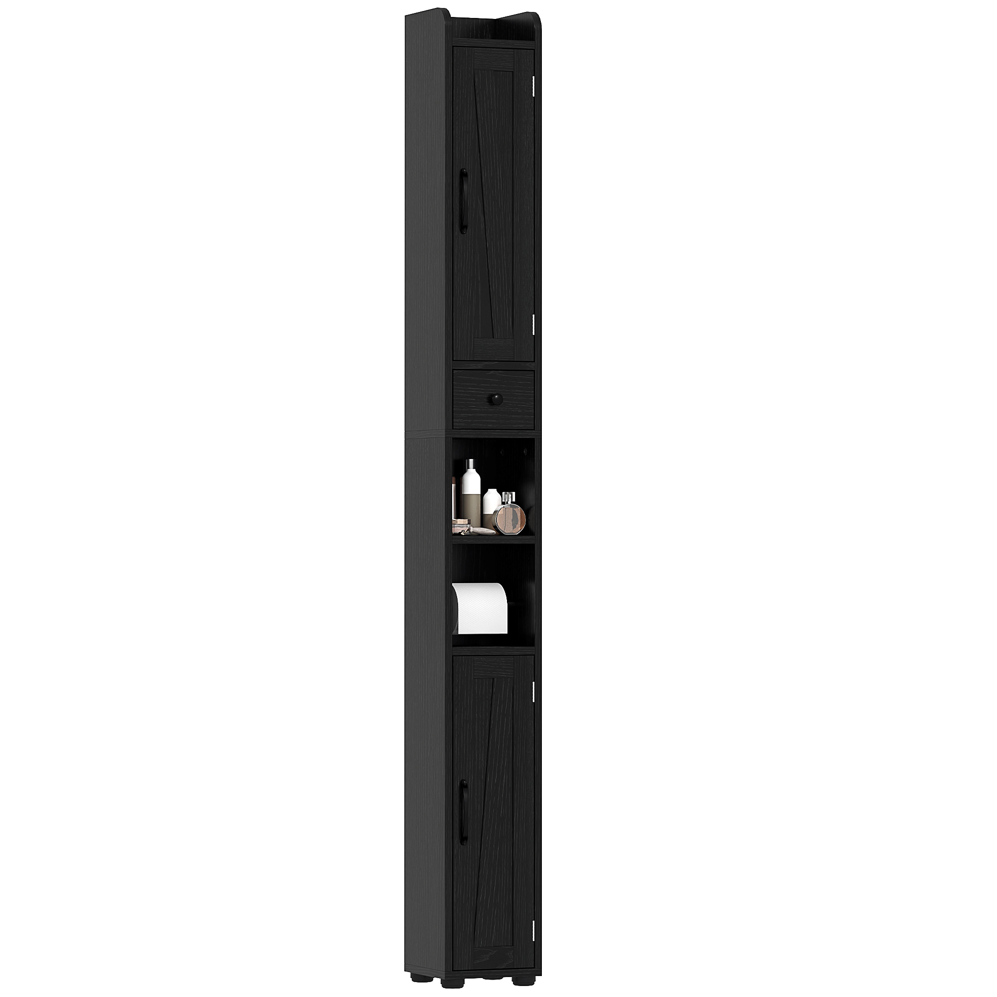 HOMCOM Columna de Baño con 2 Puertas Compartimento Abierto Estantes Ajustables y Portarrollos 20x20x185 cm Negro