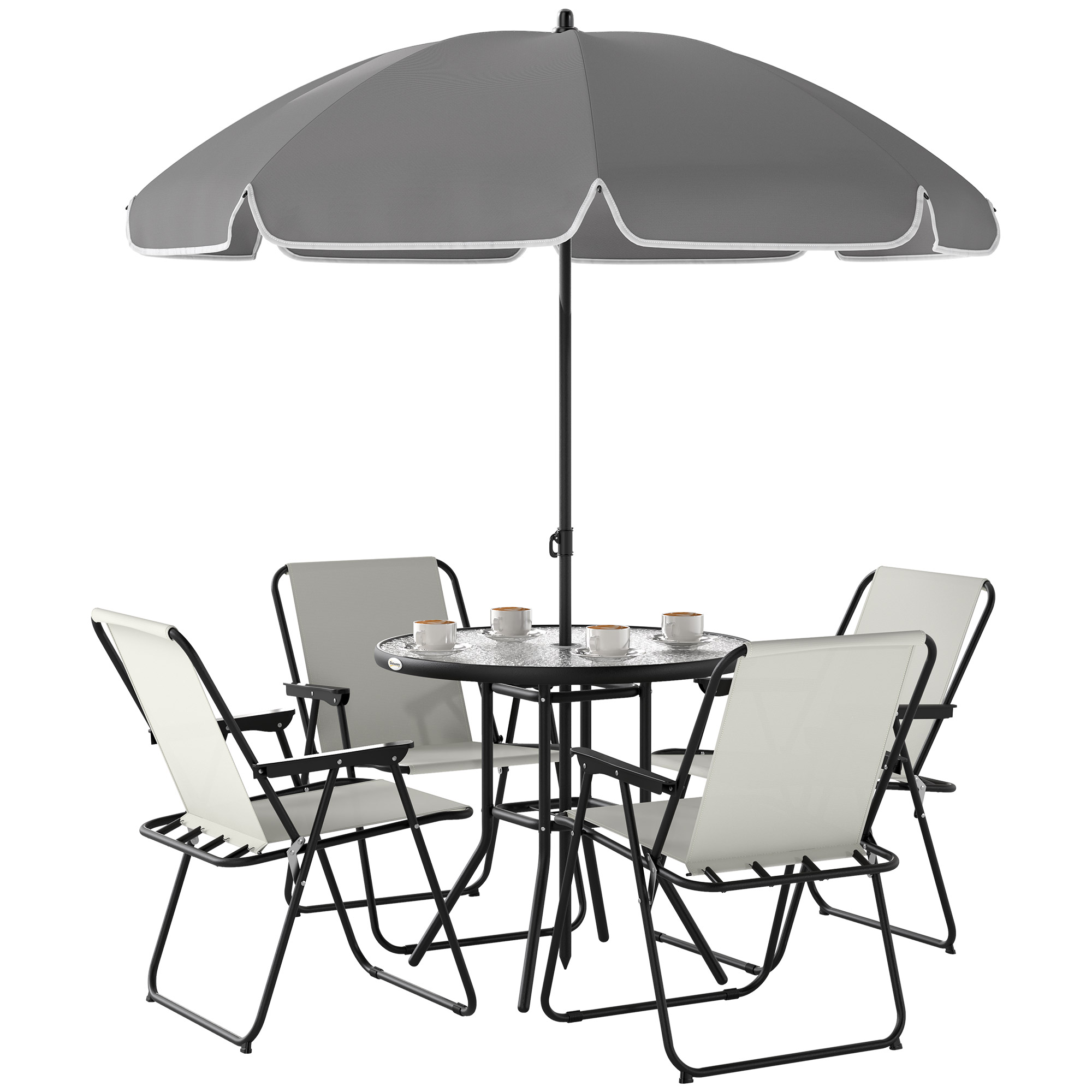 Outsunny Conjunto de Muebles de Jardín de 6 Piezas con Mesa Redonda Sillas Plegables y Sombrilla para Patio y Terraza Crema