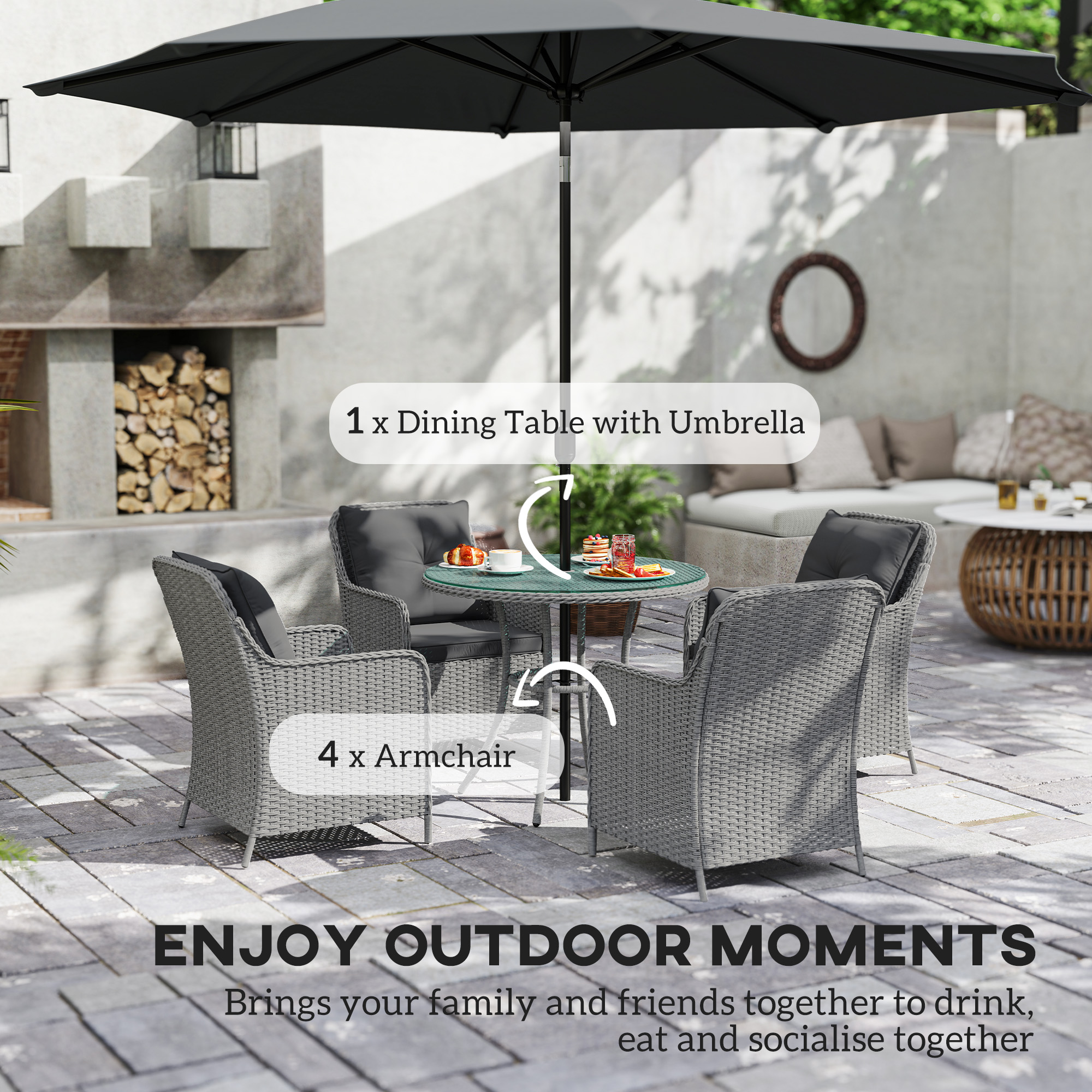 Outsunny 4 Seater Rattan Dining Set with Parasol & Cushions Light Grey 4