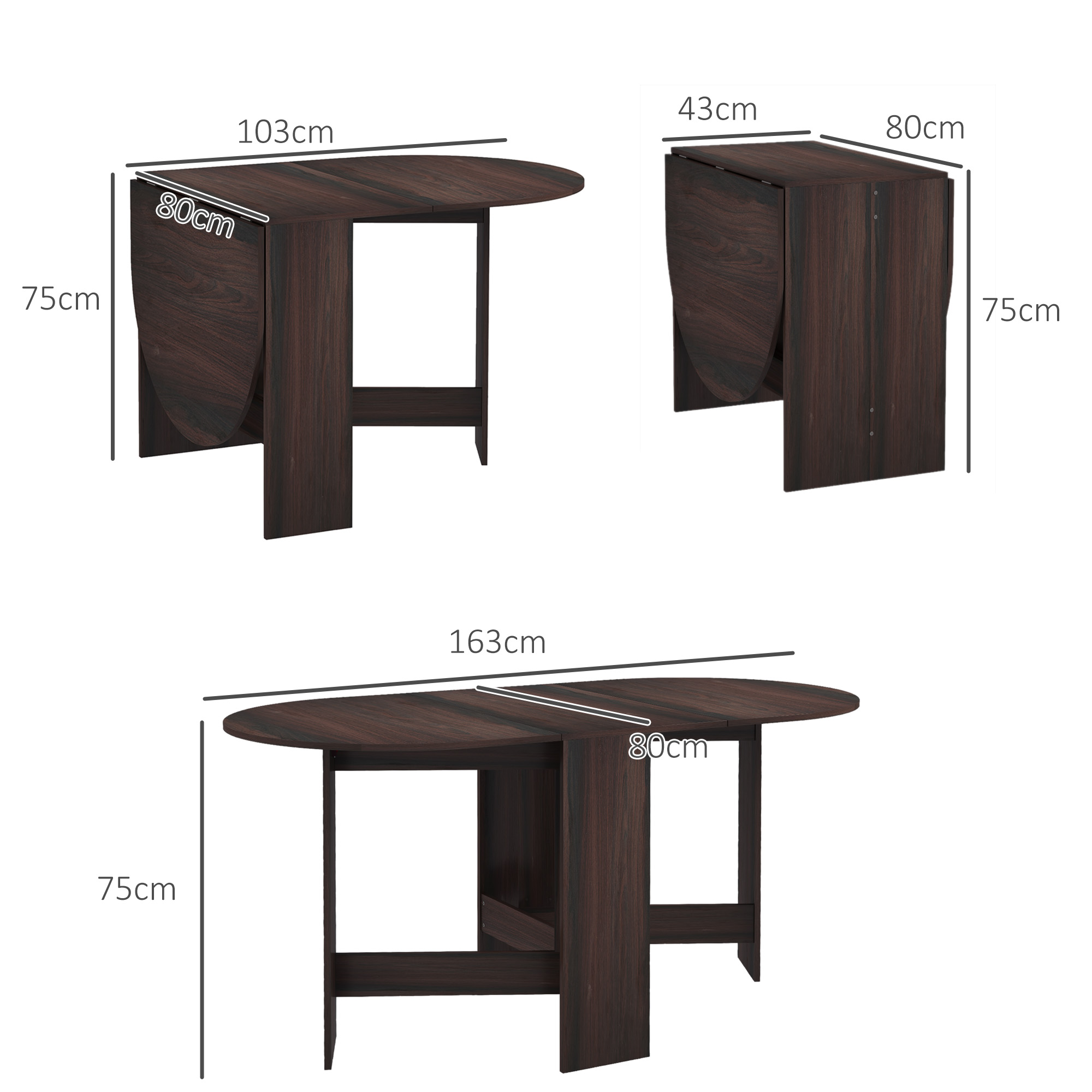 HOMCOM Folding Dining Table, Drop Leaf Table for Small Spaces, Oval Tabletop for Dining Room, Chocolate Wood Effect 3