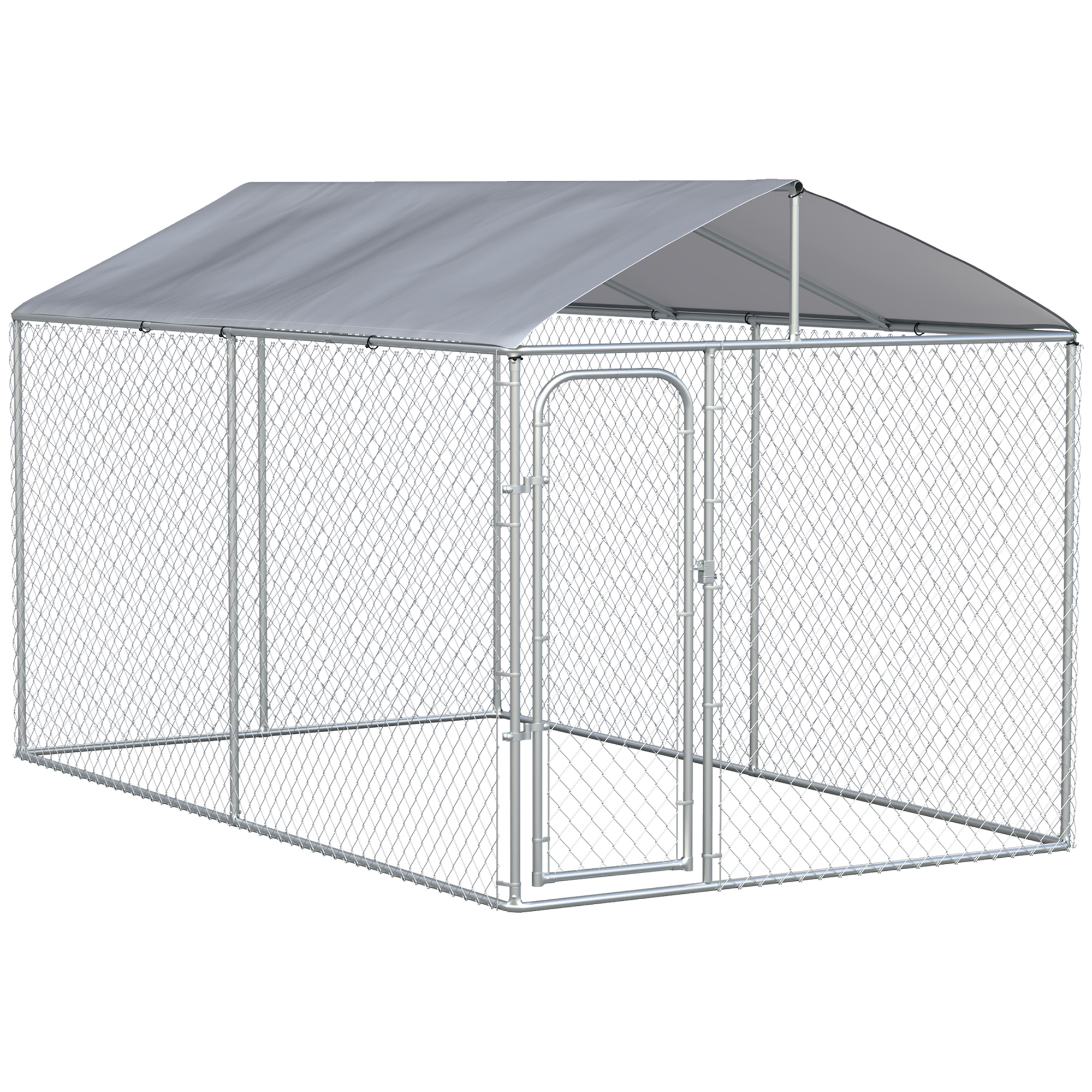 PawHut Perrera de Exterior con Toldo Anti-UV Impermeable Puerta con Pestillo y Marco de Metal Galvanizado 4x2,3x2,3 m Plata