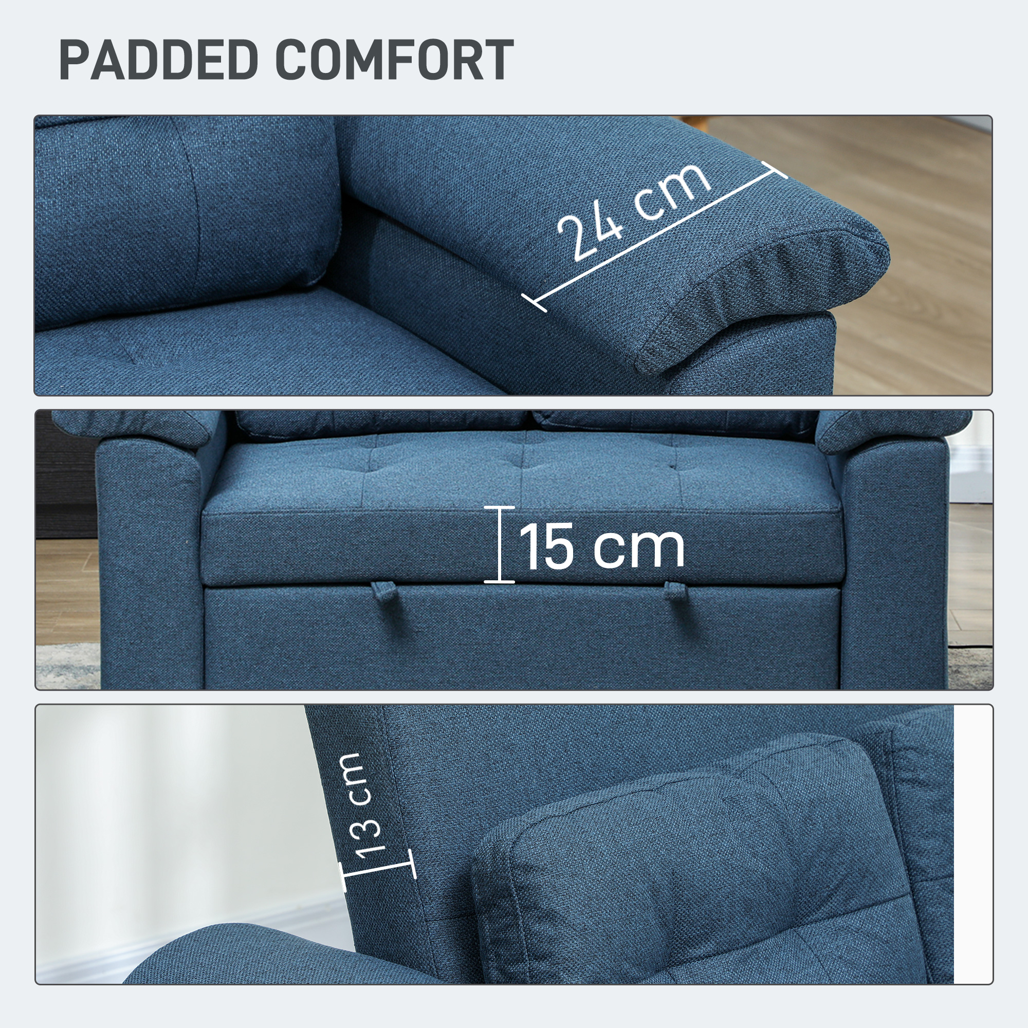 HOMCOM Pull Out Sofa Bed, Fabric 2 Seater Click Clack Sofa Bed Settee with 2 Pocket Springs, Convertible Sofa Couch with Pillows and Side Pockets for Living Room, Home Office, Blue 7