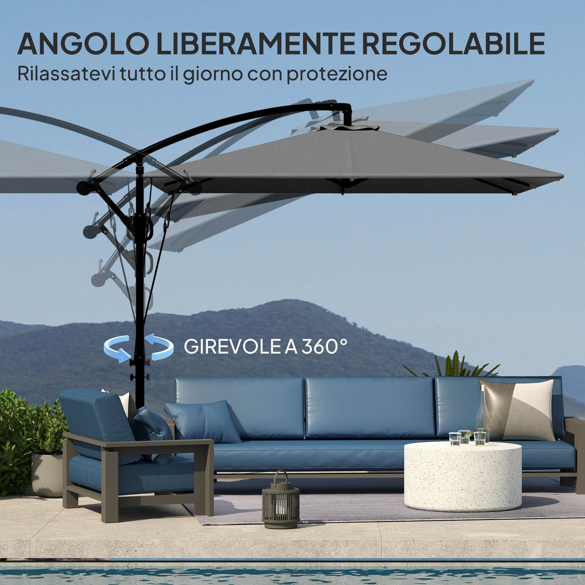 Outsunny Ombrellone 3x3 m a Braccio con 8 Stecche, Pedale e Manovella, in Alluminio e Poliestere, color Khaki | Leroy Merlin