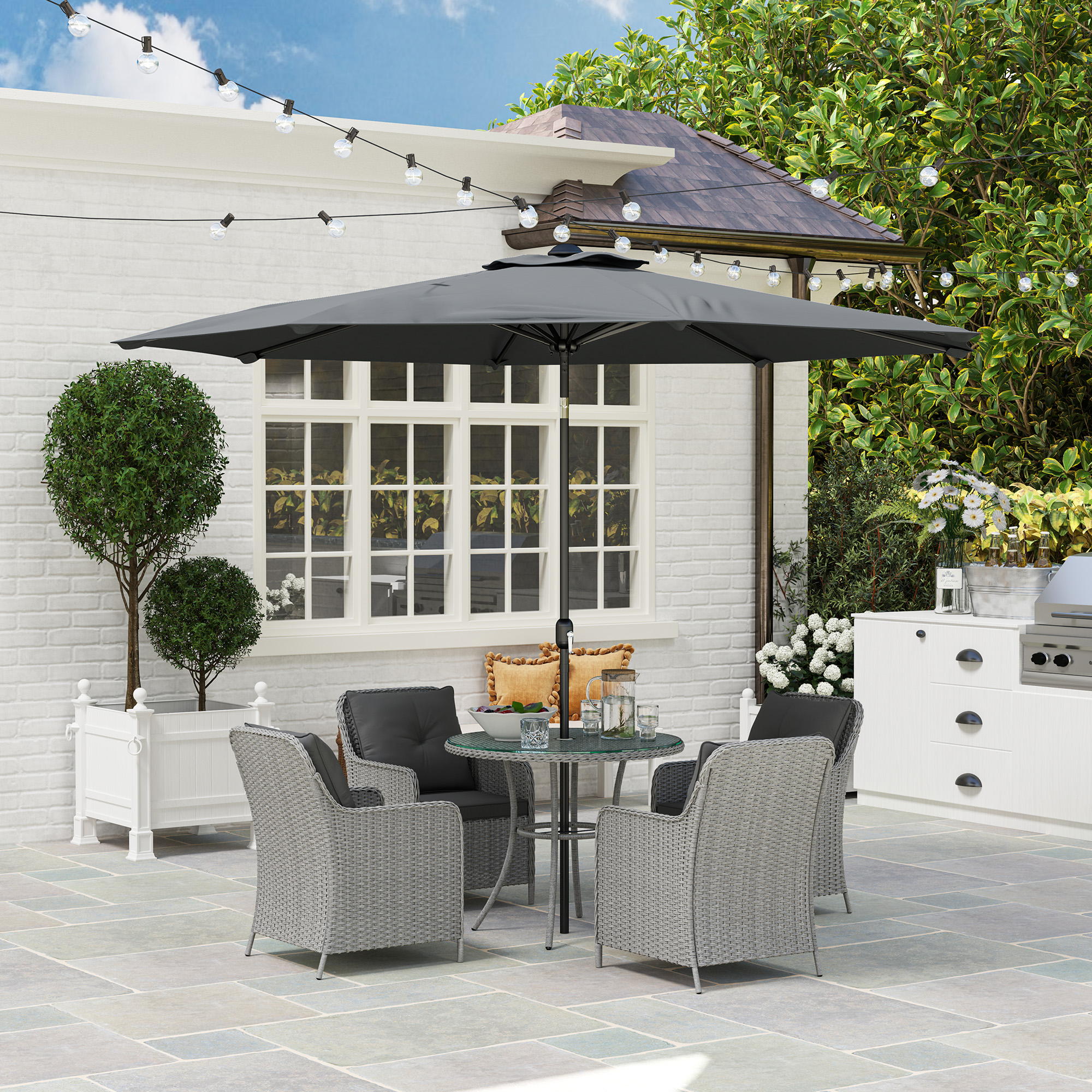 Outsunny 4 Seater Rattan Dining Set with Parasol & Cushions Light Grey 2