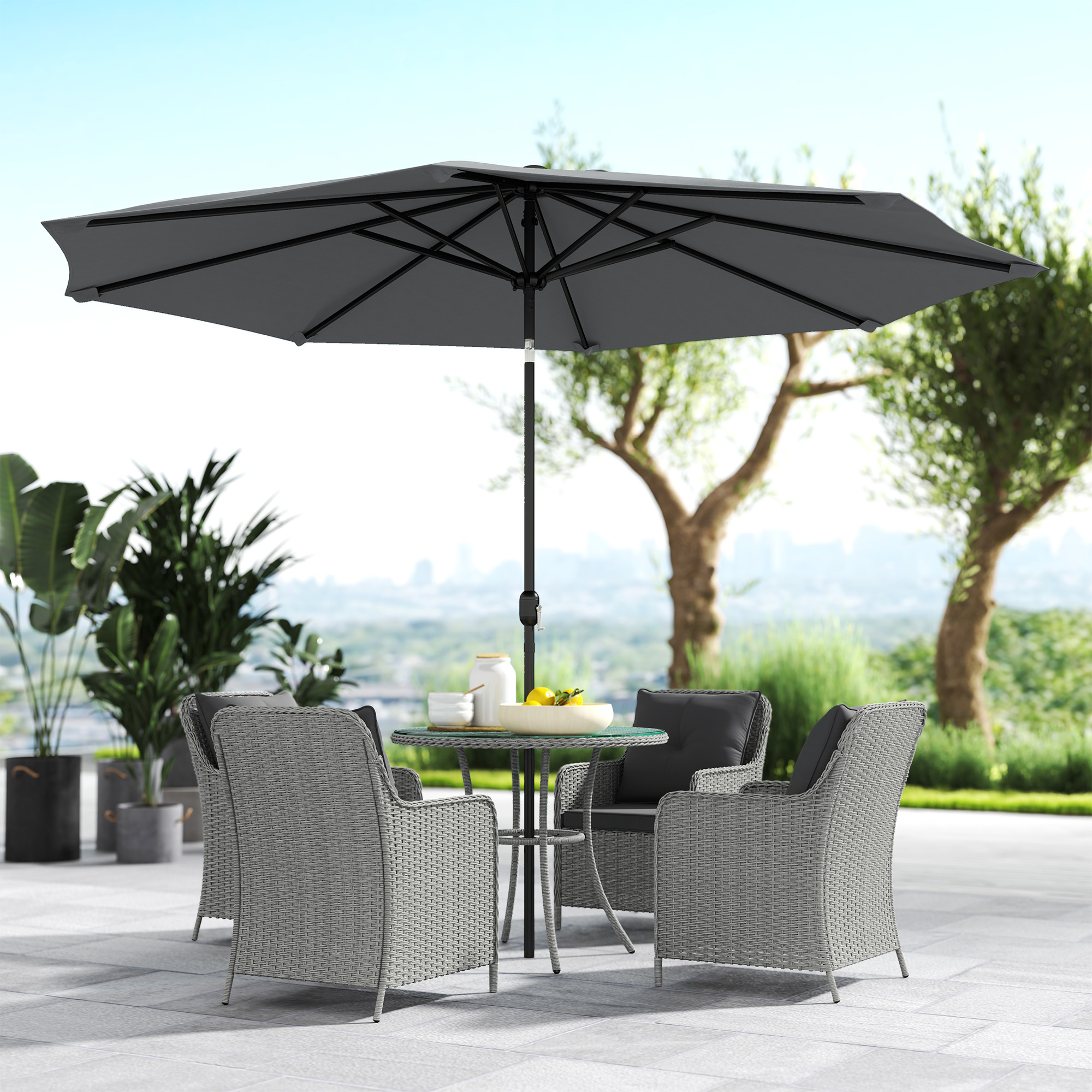 Outsunny 4 Seater Rattan Dining Set with Parasol & Cushions Light Grey 7