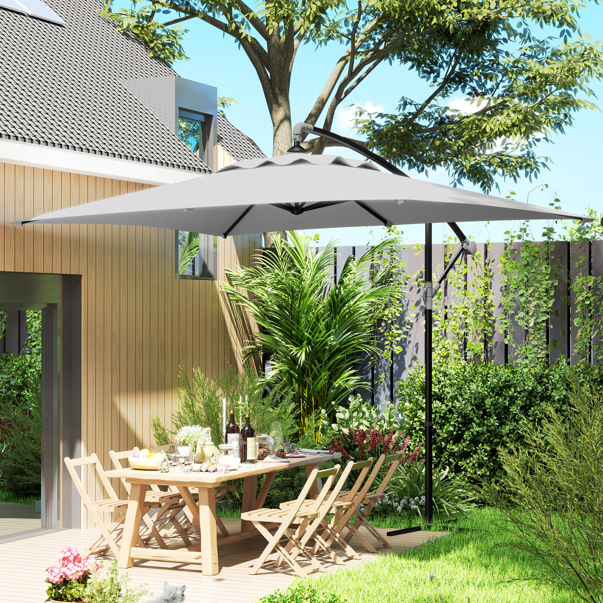 Outsunny 3(m) Cantilever Overhanging Parasol, with Cross Base Light Grey 7