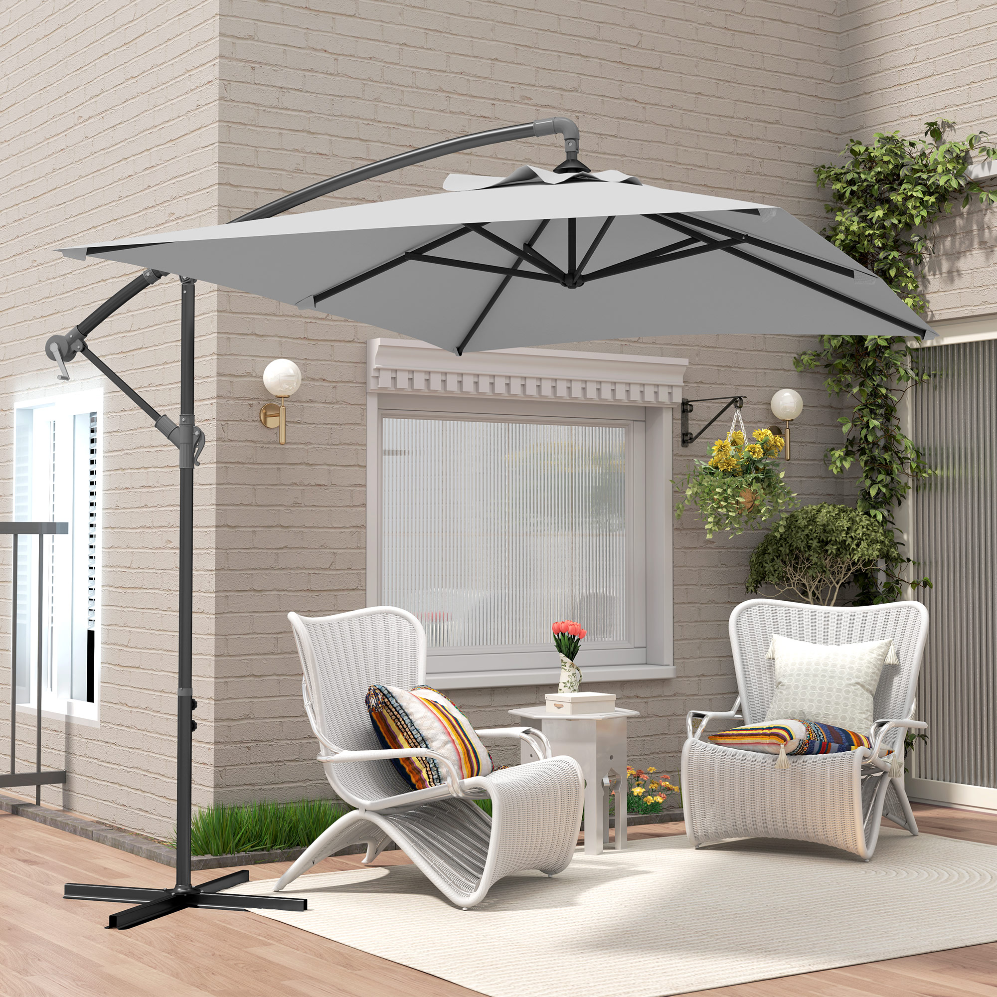 Outsunny 3(m) Cantilever Overhanging Parasol, with Cross Base Light Grey 8
