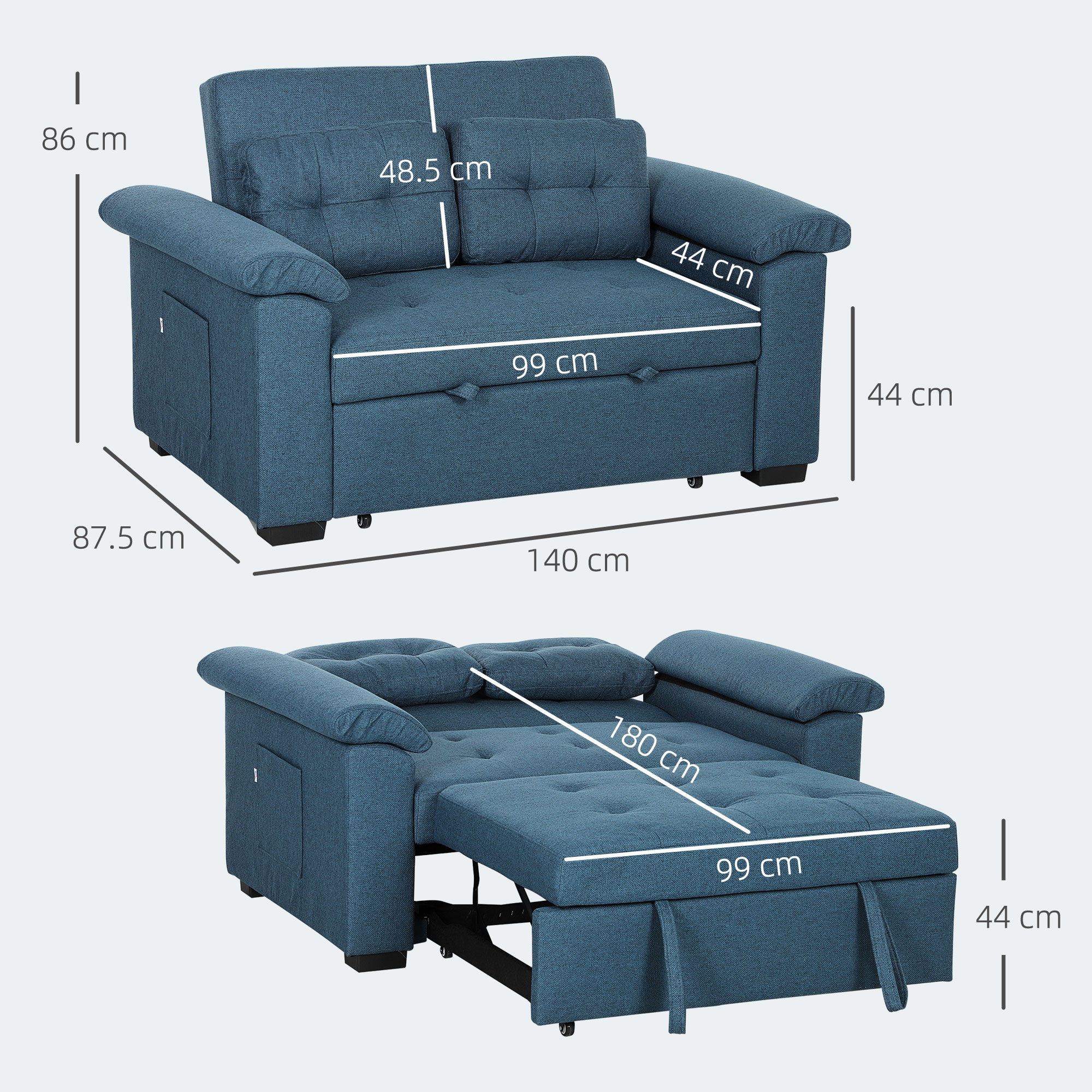 HOMCOM Pull Out Sofa Bed, Fabric 2 Seater Click Clack Sofa Bed Settee with 2 Pocket Springs, Convertible Sofa Couch with Pillows and Side Pockets for Living Room, Home Office, Blue 3