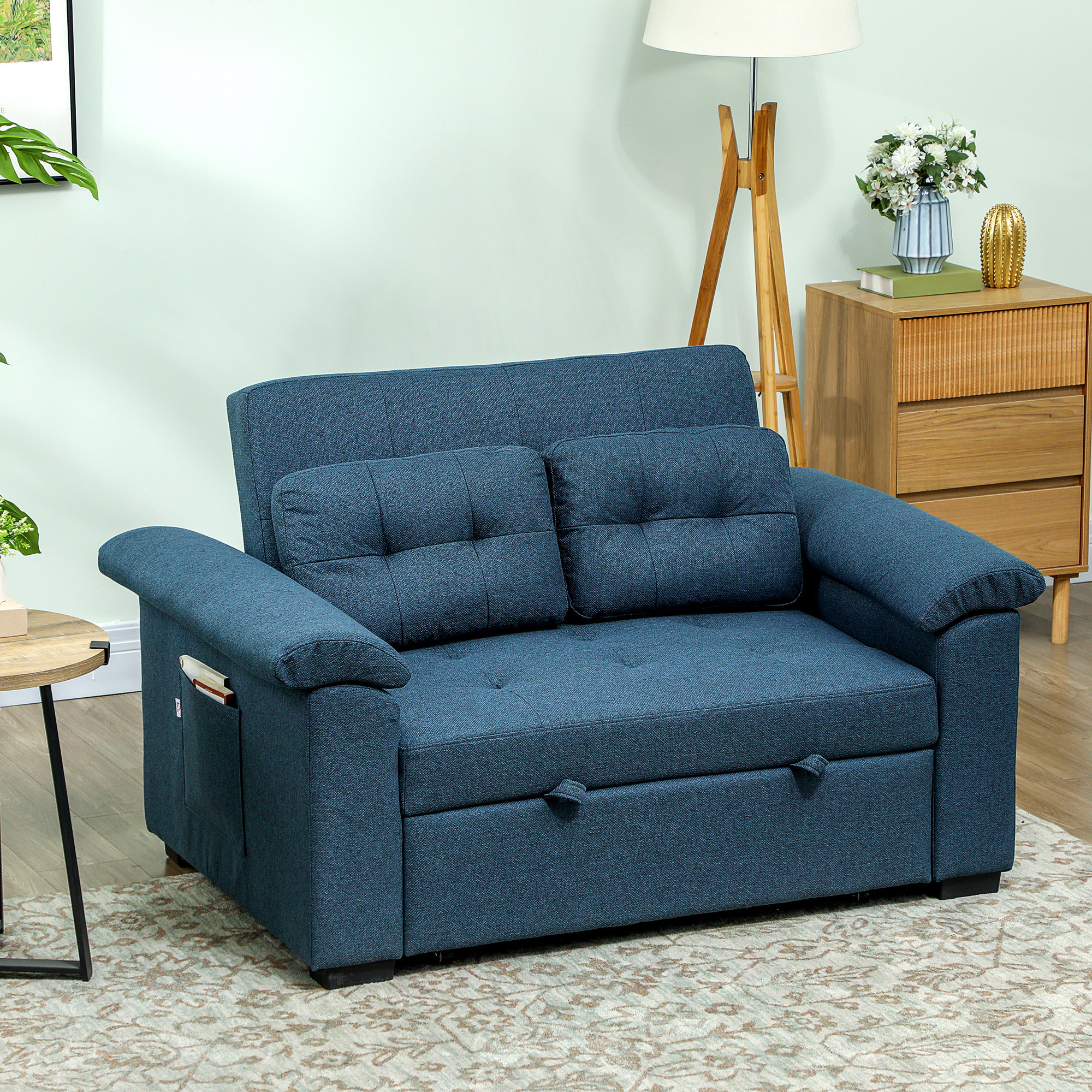 HOMCOM Pull Out Sofa Bed, Fabric 2 Seater Click Clack Sofa Bed Settee with 2 Pocket Springs, Convertible Sofa Couch with Pillows and Side Pockets for Living Room, Home Office, Blue 2