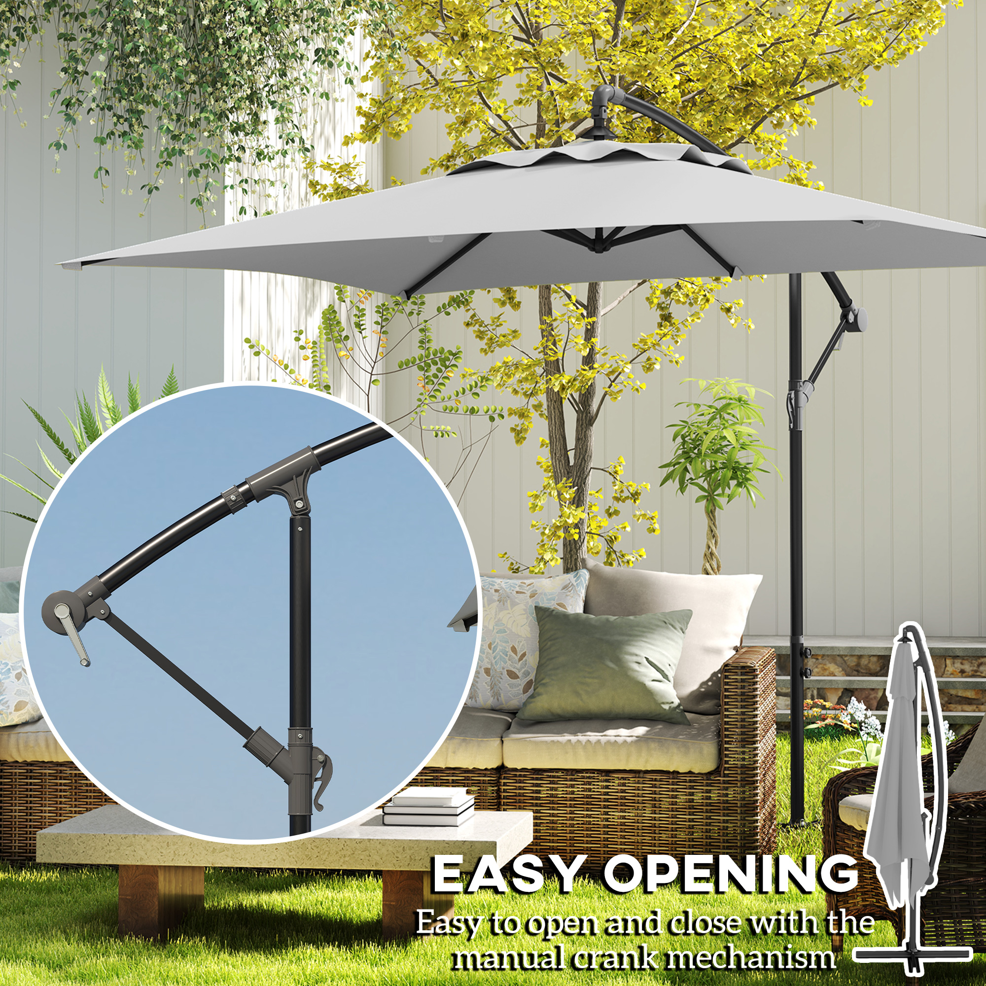 Outsunny 3(m) Cantilever Overhanging Parasol, with Cross Base Light Grey 4