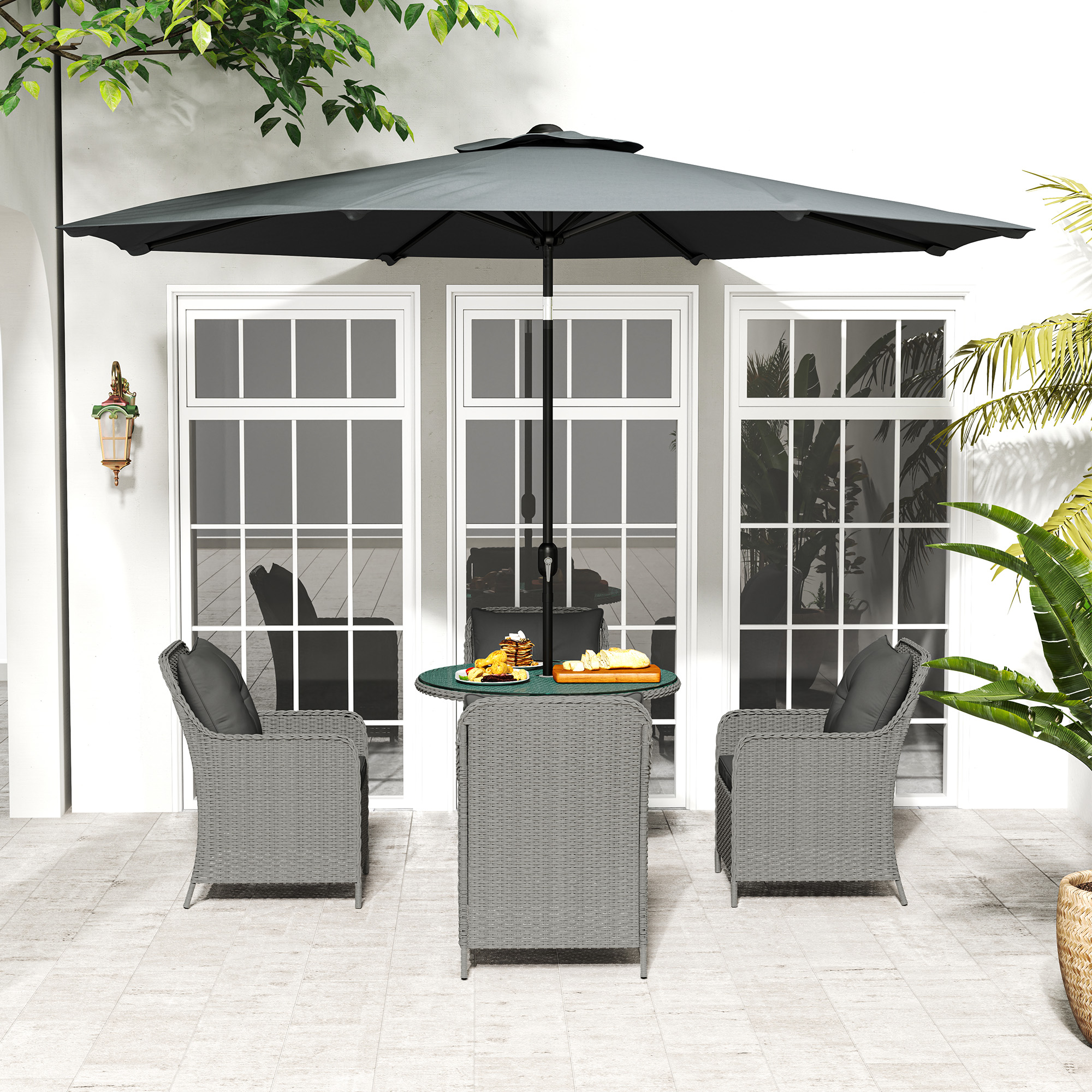 Outsunny 4 Seater Rattan Dining Set with Parasol & Cushions Light Grey 9
