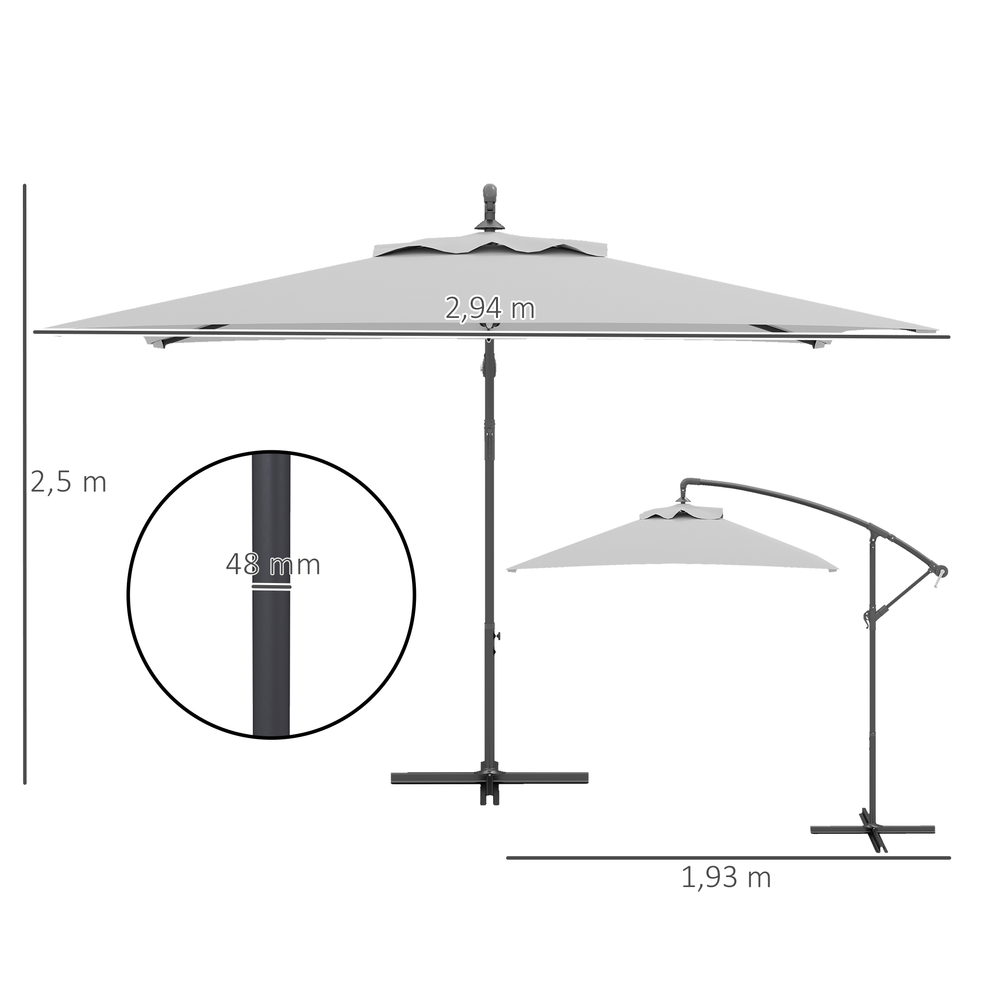 Outsunny 3(m) Cantilever Overhanging Parasol, with Cross Base Light Grey 3