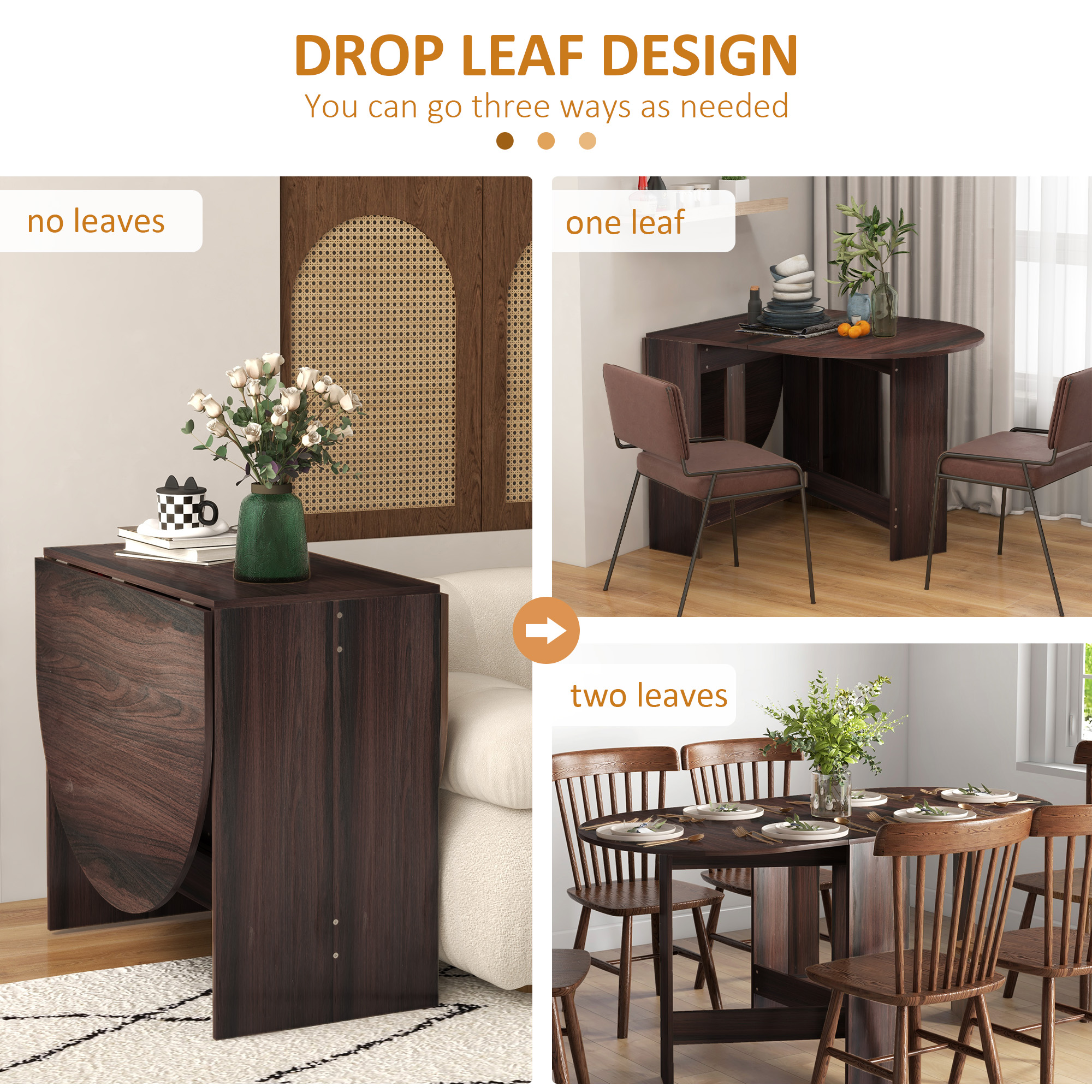 HOMCOM Folding Dining Table, Drop Leaf Table for Small Spaces, Oval Tabletop for Dining Room, Chocolate Wood Effect 4