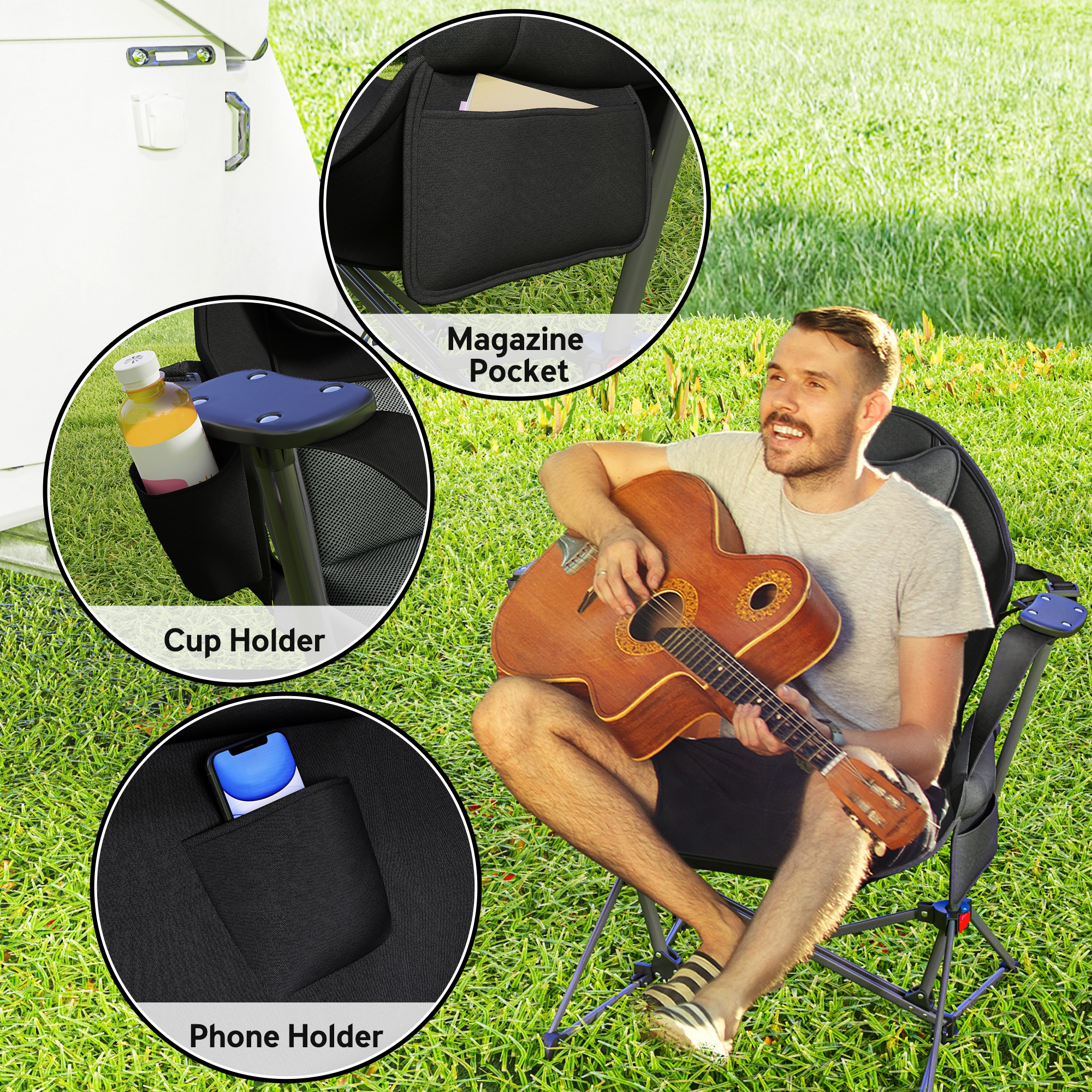 Outsunny Hammock Camping Chair Set of 2, Adjustable Back Portable Swinging Camping Chair with Cup Holder, Headrest, Padded Seat and Carry Bag for Travel Fishing Hiking, Black 7