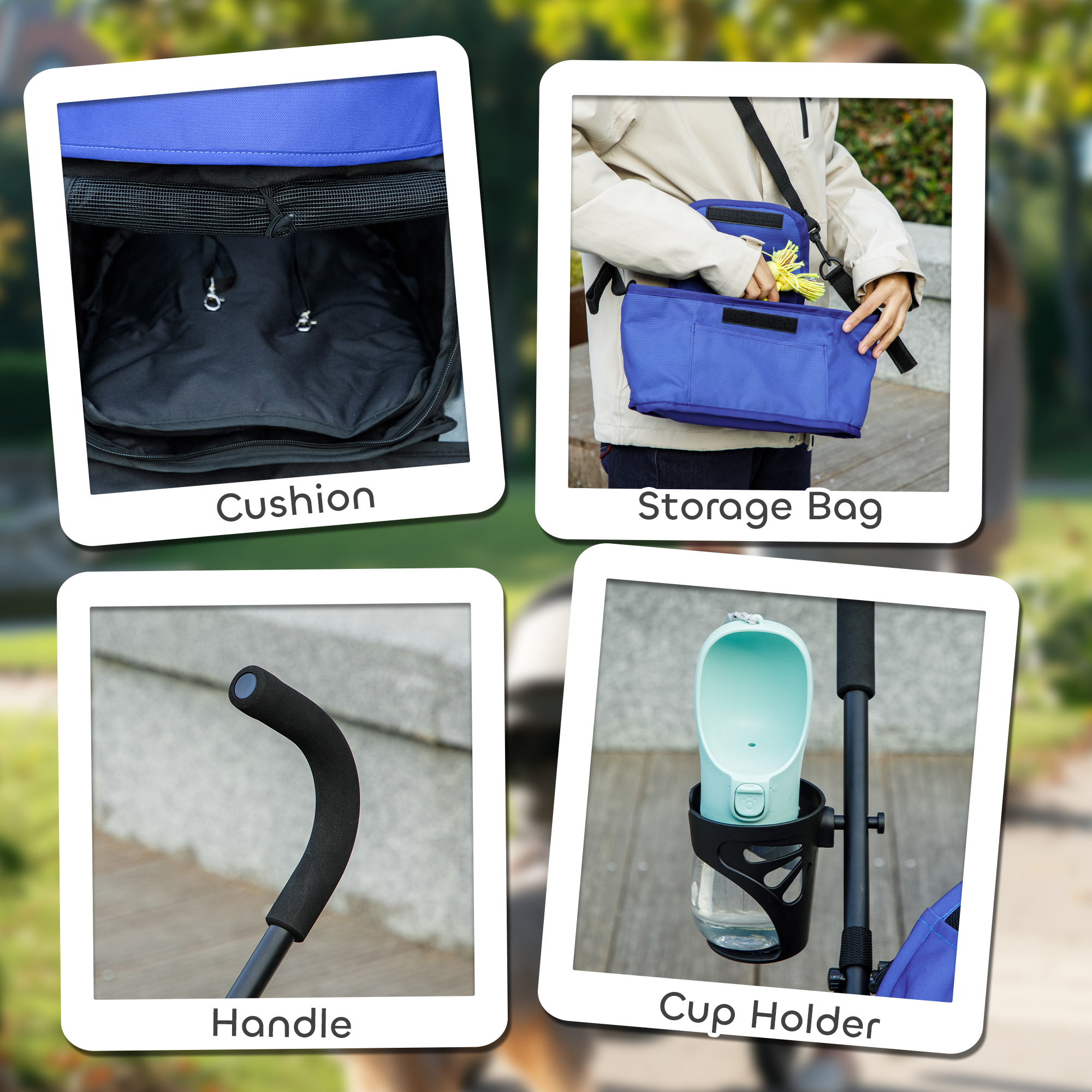 PawHut Foldable Dog Stroller, Lightweight Dog Pram w/ Shoulder Strap, Storage Bag, Cup Holder, Dark Blue 7