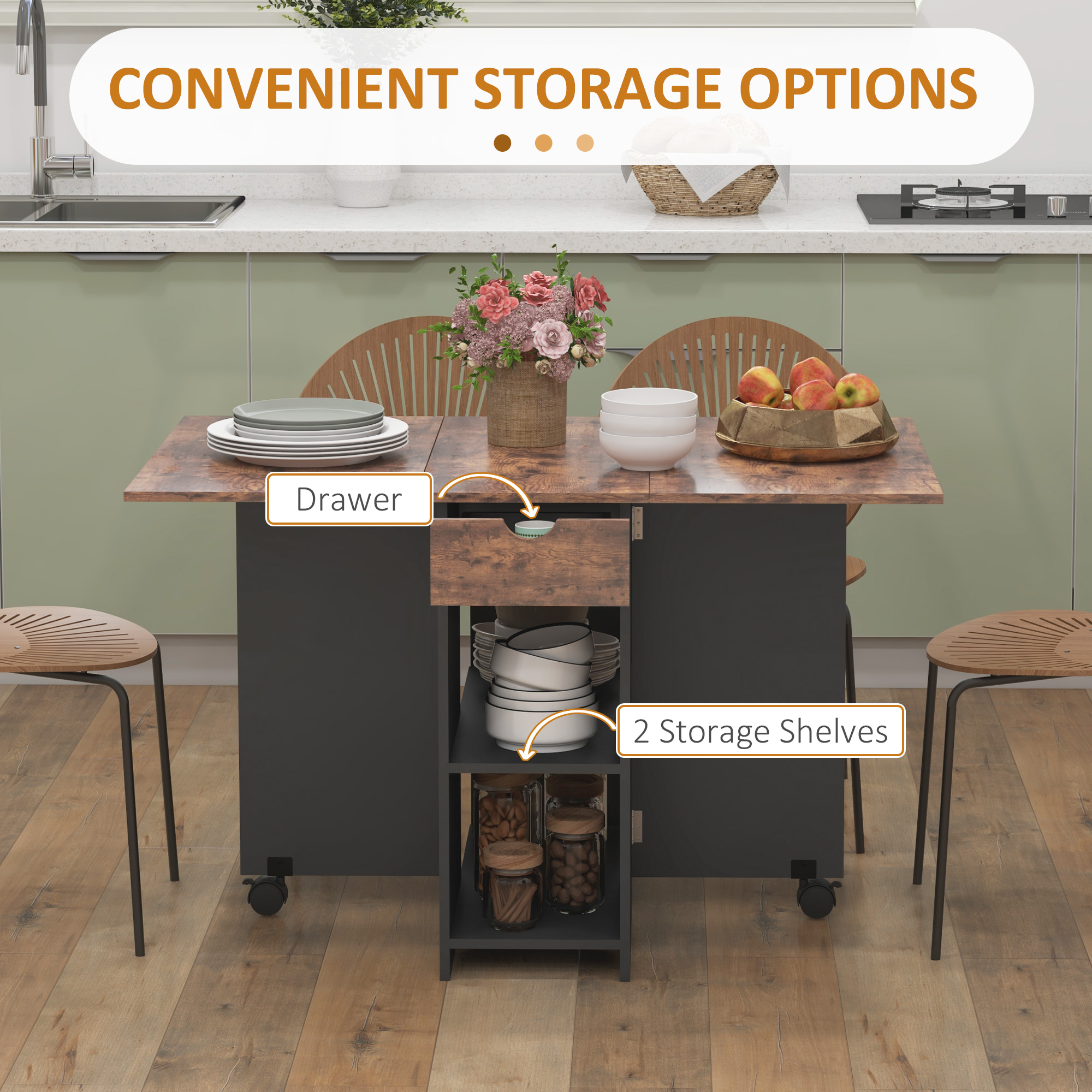 HOMCOM Folding Dining Table, Drop Leaf Table for Small Spaces, Foldable Table with Drawer and Storage Shelves for Kitchen, Dining Room, Rustic Brown 4
