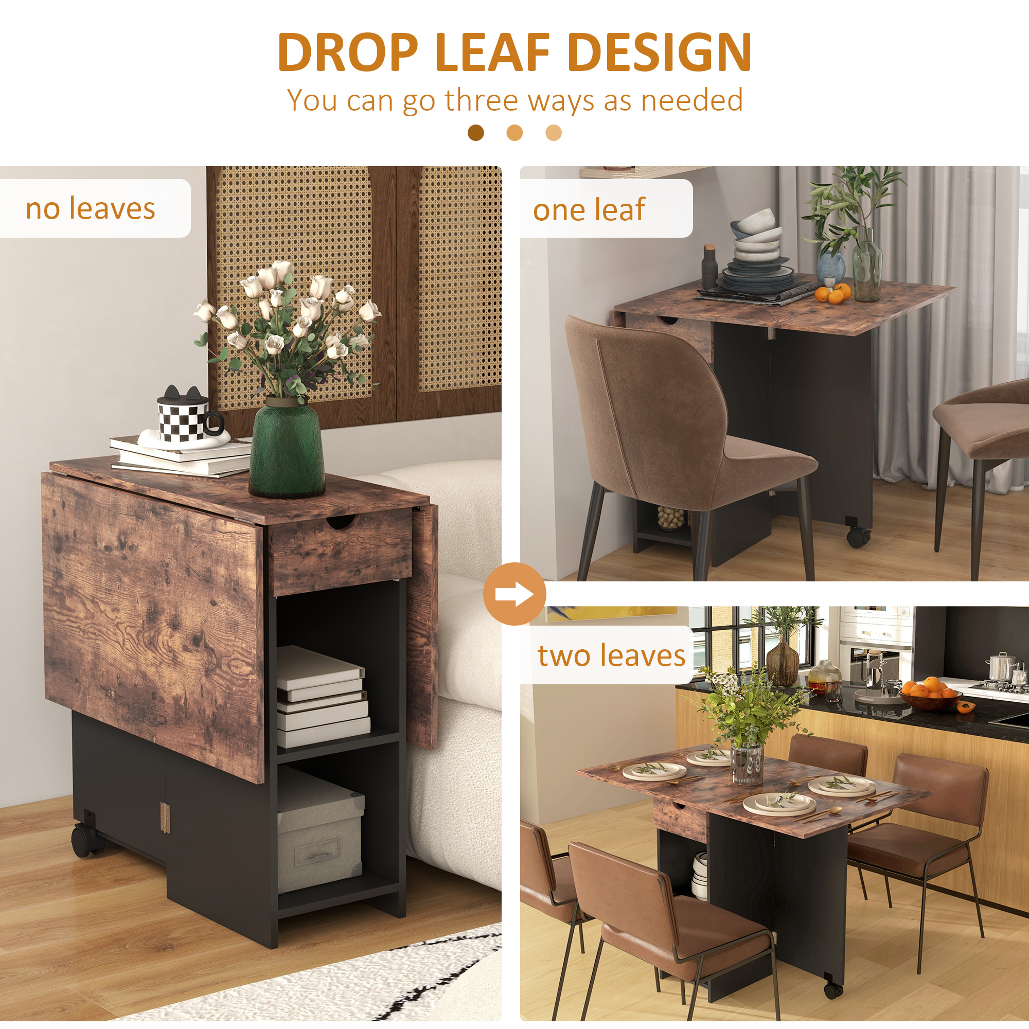HOMCOM Folding Dining Table, Drop Leaf Table for Small Spaces, Foldable Table with Drawer and Storage Shelves for Kitchen, Dining Room, Rustic Brown 5