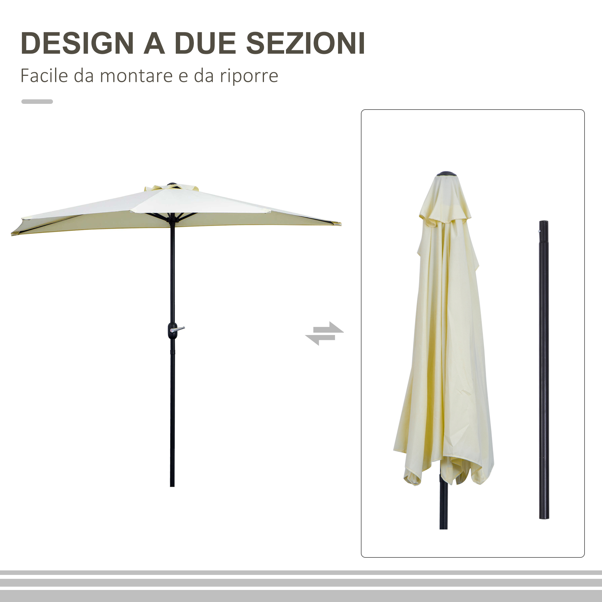 Ombrellone A Mezzaluna Da Parete Outsunny 2.6x1.35 M - Con Apertura A Manovella, 5 Stecche, Colore Beige