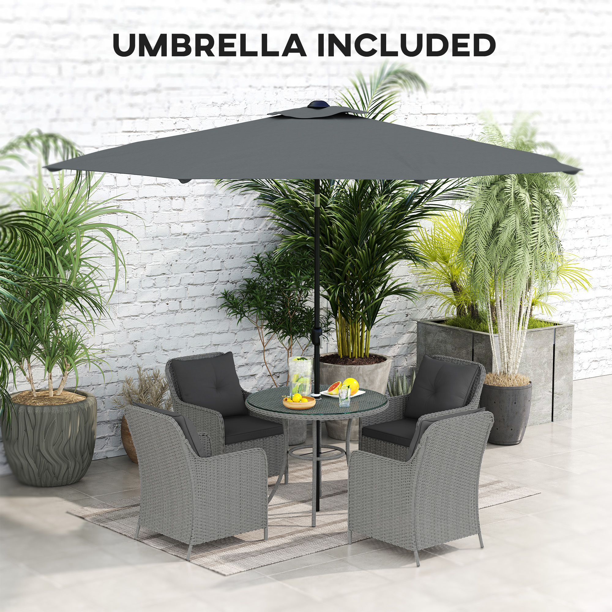 Outsunny 4 Seater Rattan Dining Set with Parasol & Cushions Light Grey 6