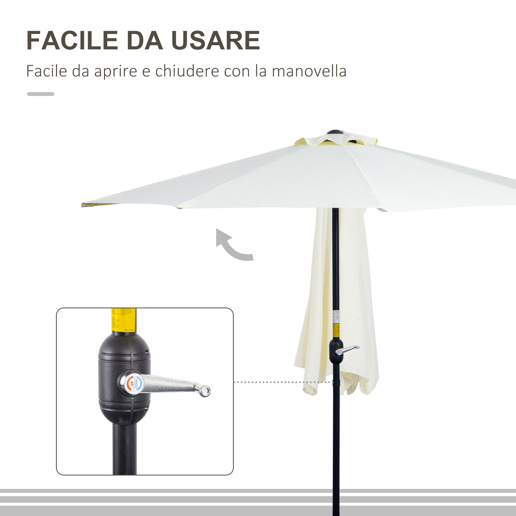 Ombrellone A Mezzaluna Da Parete Outsunny 2.6x1.35 M - Con Apertura A Manovella, 5 Stecche, Colore Beige