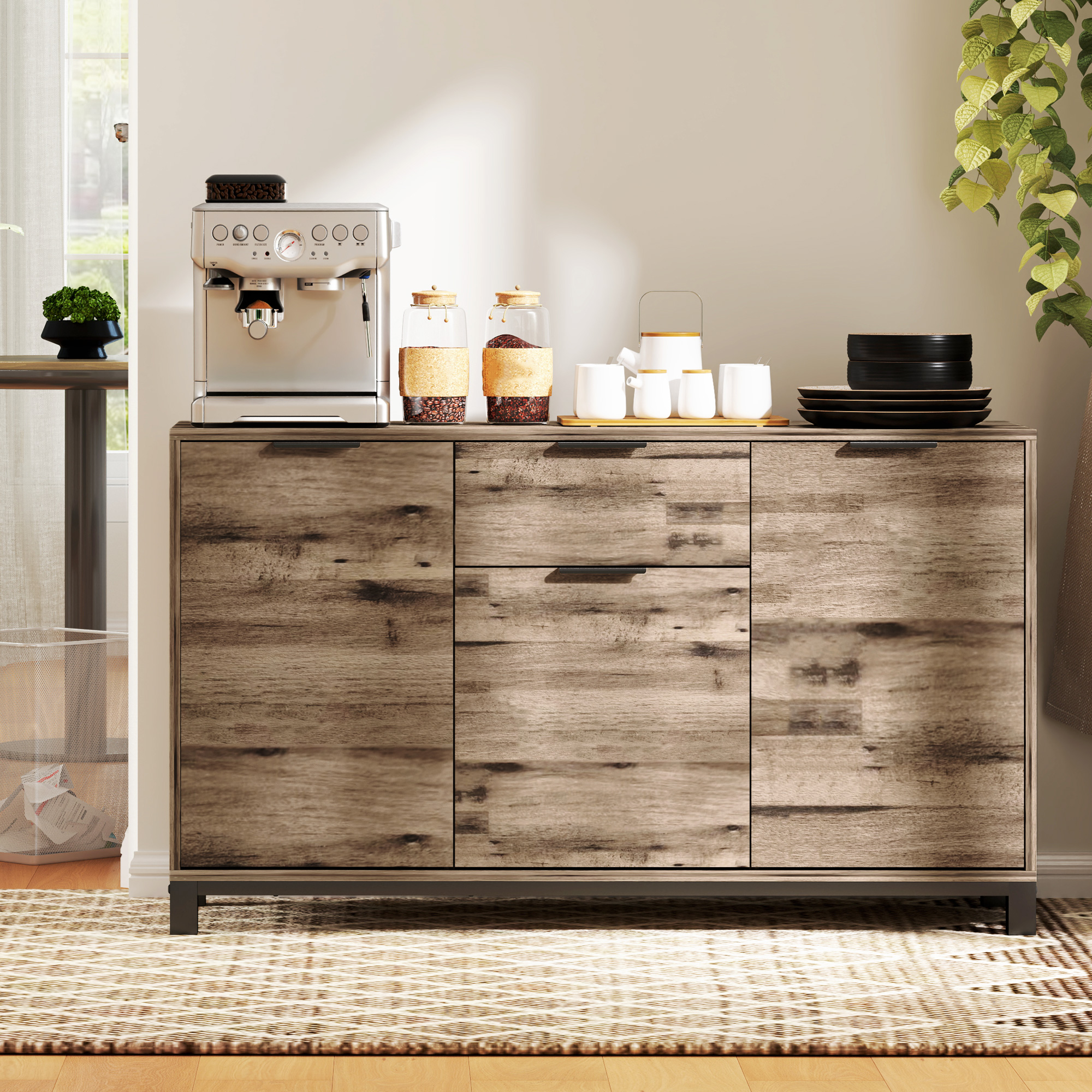  Bufet cu Sertar si 3 Dulapuri cu Rafturi Reglabile, 120x36,5x70 cm, Maro [1]