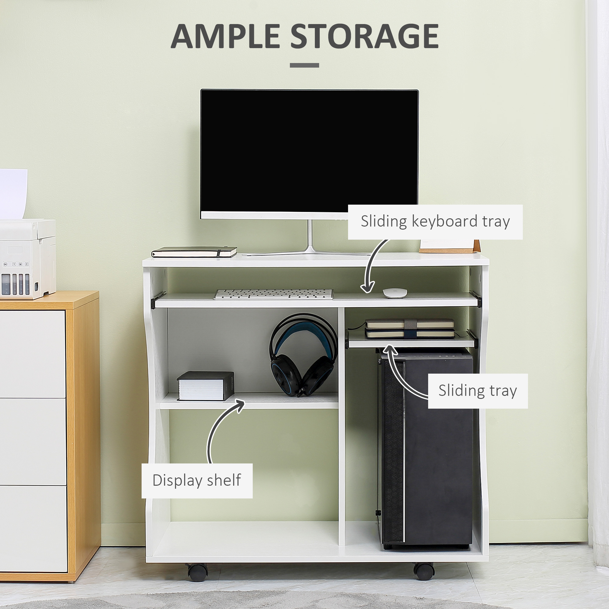 HOMCOM Multi-Storage Compact Work Desk, with Wheels White 4