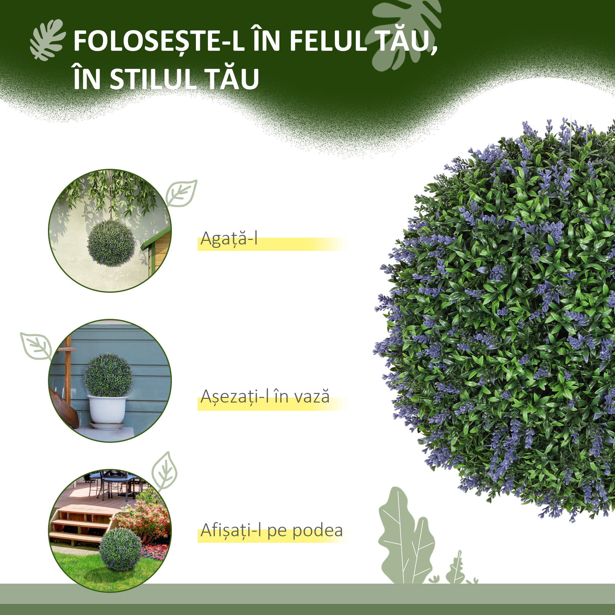  Set de 2 Plante Artificiale Sferice cu Flori de Lavanda, Ø42 cm, Violet [5]