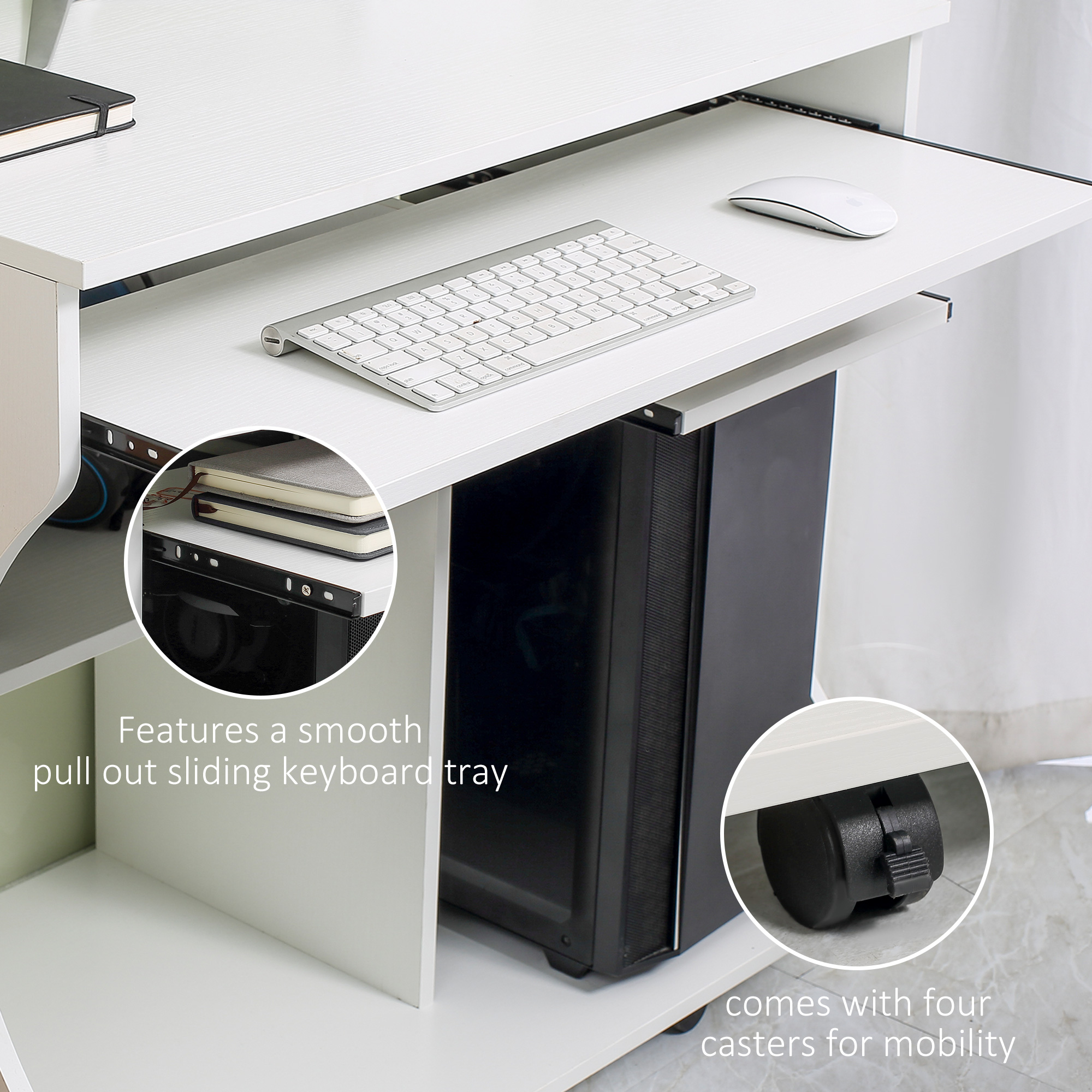 HOMCOM Multi-Storage Compact Work Desk, with Wheels White 8