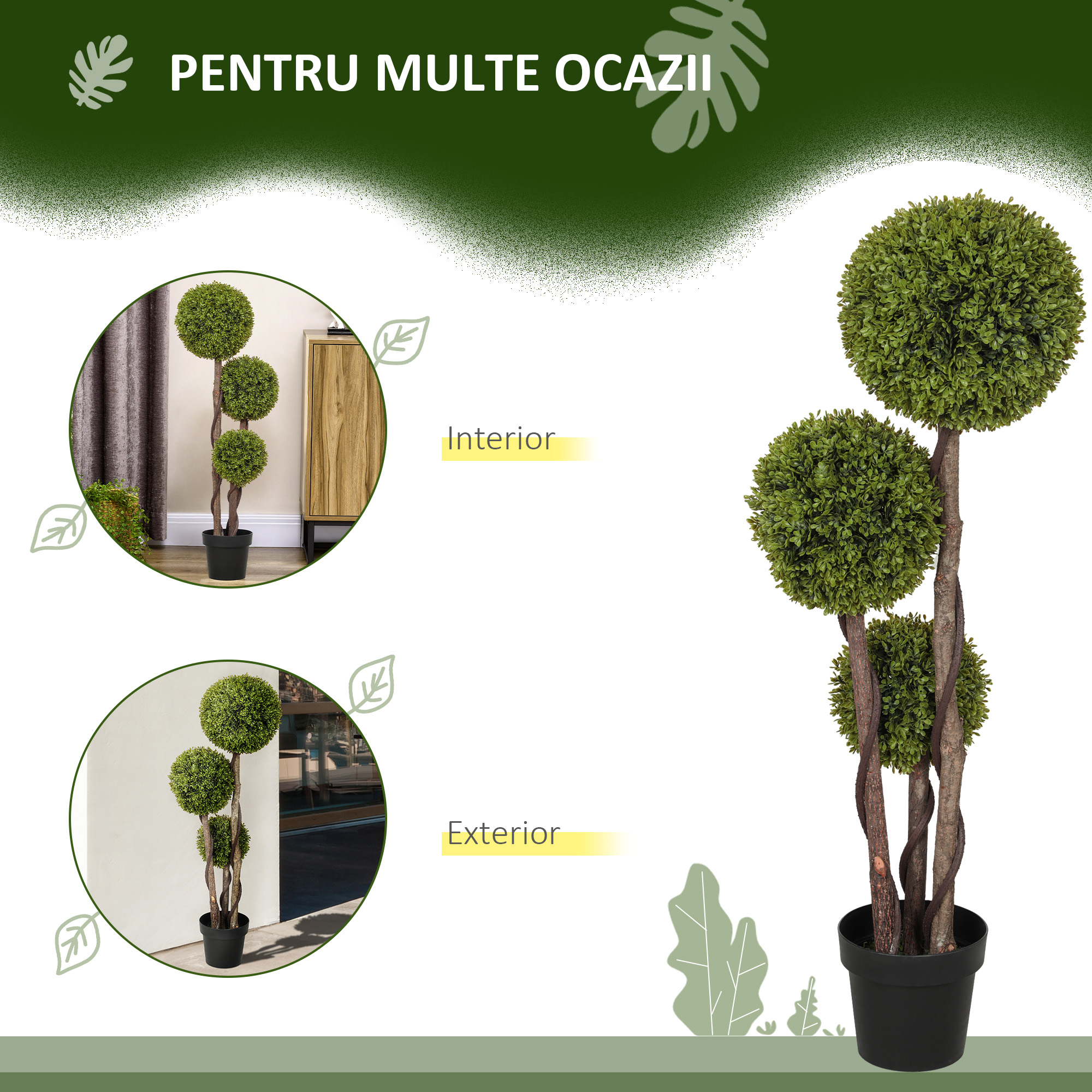  Planta Artificiala de Buxus cu 3 Sfere, Ghiveci Inclus si Baza intarita, Ø19,5x115 cm, Verde [4]